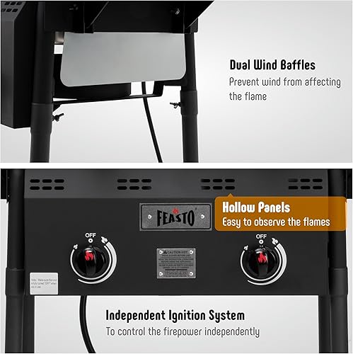 Miniatura 5 de Freidora profunda al aire libre de propano Feasto, tanque doble con quemadores independientes dobles de hierro fundido y termómetros, olla de
