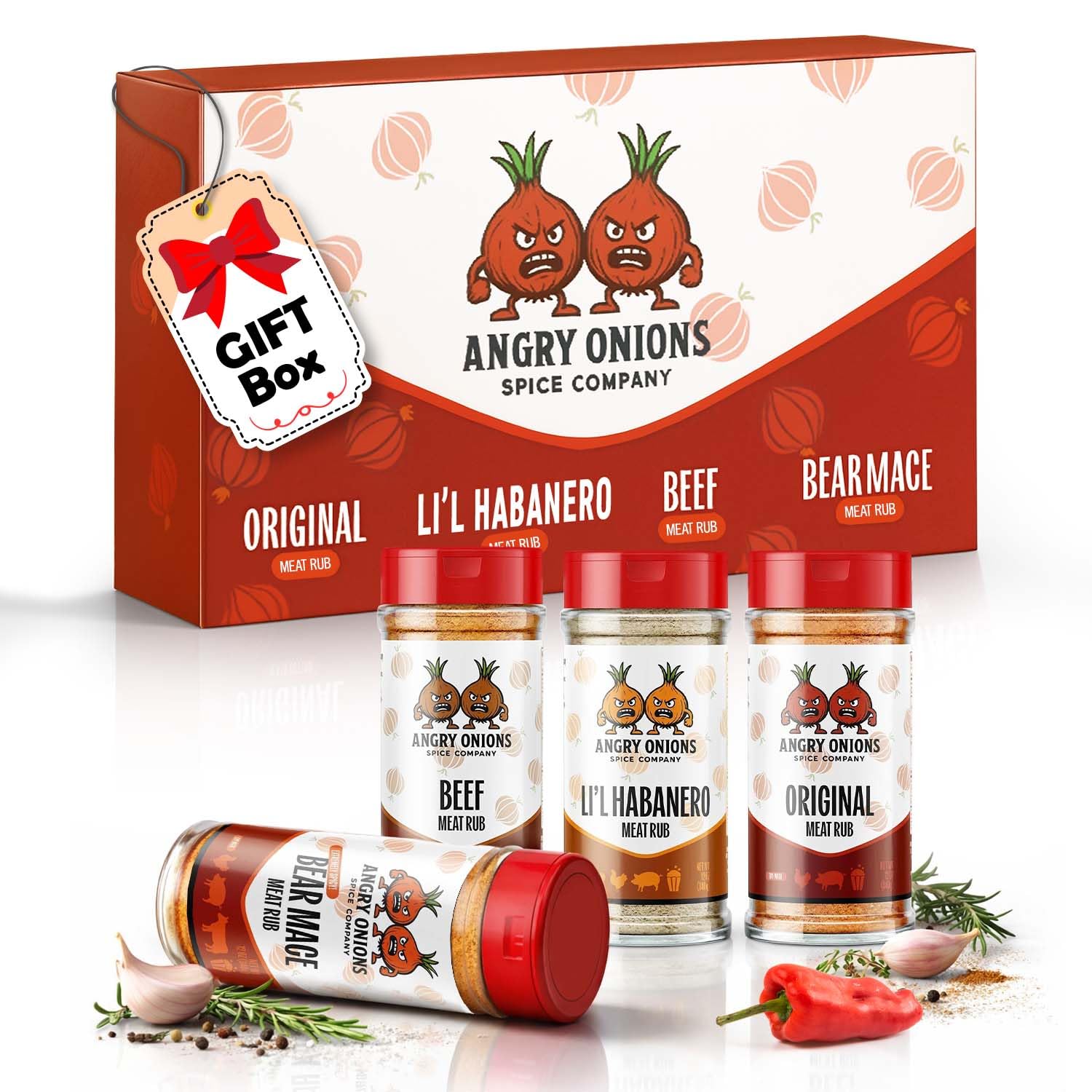 Angry Onions BBQ Seasoning and BBQ Rub gift set for Chicken, Steak, Turkey, Beef, Pork, 4 Flavor Seasoning Set Original, Lil Habanero, Beef, Bear Mace, unique gifts for men, Grilling Accessories 12 oz