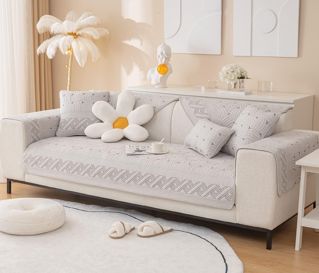 Farmhouse Cotton Quilted Sofa Cover Weave Pattern Embroidery Sectional Couch Cover Soft Nonslip Sofa Slipcover Furniture Protector Cover for Pets Kids Children Dog Cat (Light Gray,36"x70")