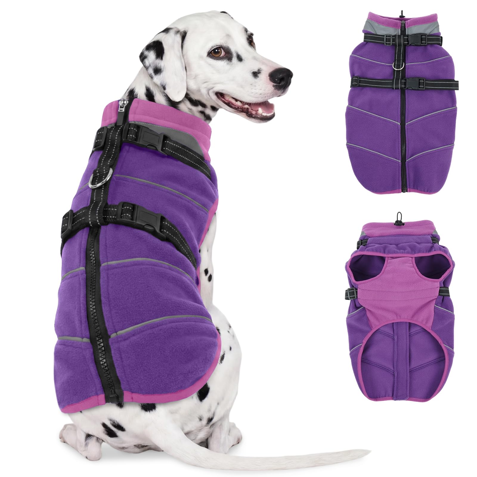 OUOBOB Dog Fleece Coat Built In Harness Reflective Winter Jacket Purple L