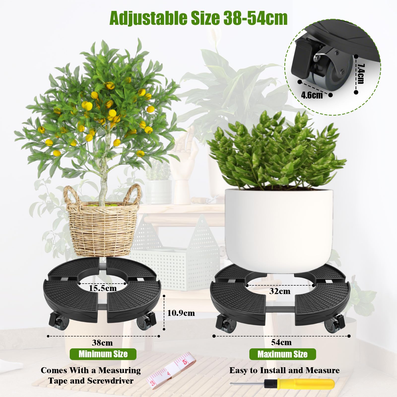 Plataforma con Ruedas Ajustable 38-54 cm, Soporte para Macetas con Ruedas 360° Giratorio Bloqueables, Capacidad de 200 KG, Rodillo para Plantas para Macetas Exterior Interior, Negro