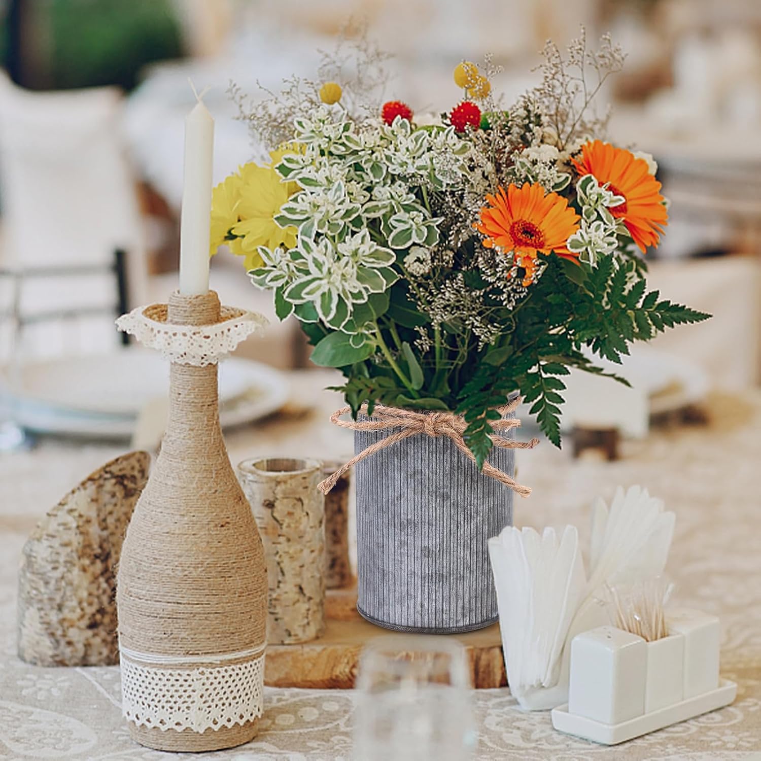 16 Pcs High Farmhouse Iron Vases with Twine, Rustic Grey Metal Vases, 4.33" Cylindrical, Perfect for Table Centerpieces, Home Office, Bedroom, Dining Room Decoration