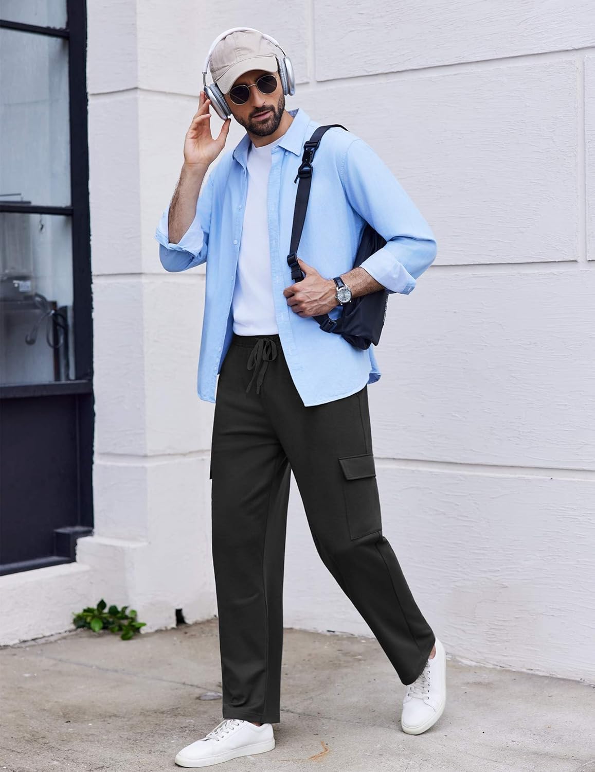 PINSPARK Men's Cargo Sweatpants with Pockets Open Bottom Baggy Cotton Jogger Sweatpants Uncuffed Lounge Pants Straight Leg - Image 5