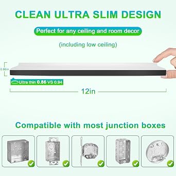 4-Pack LED Flush Mount Ceiling Light Fixture, 12In 24W, 3200LM, Super Slim 0.86 Inch, Dimmable & 2700K-6500K 5 Color Selectable LED Ceiling Lights for Bedroom, Kitchen, Laundry and Closet Room, Black