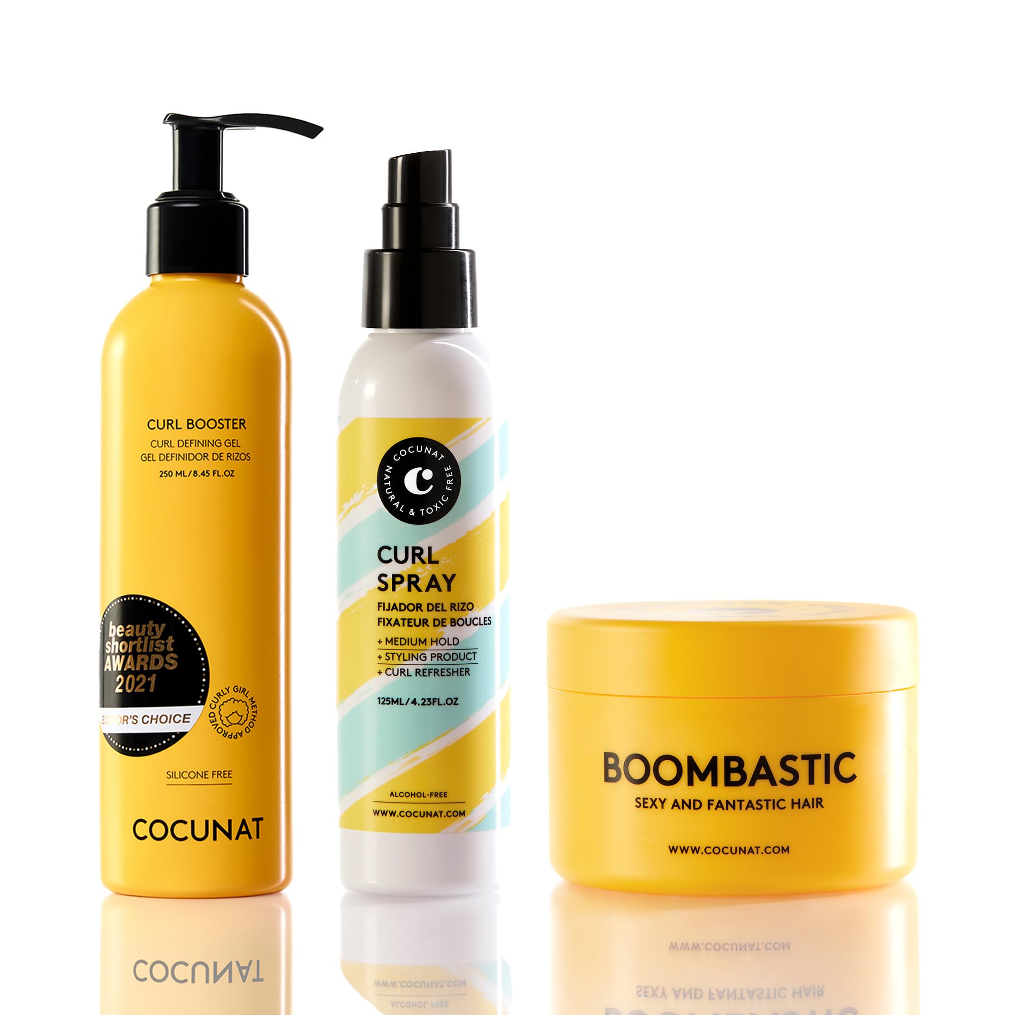 COCUNAT Curl Booster + Boombastic + Curl Spray Método Curly | Pack para rizos definidos: gel de definición + mascarilla nutritiva + fijador. Hidrata, nutre, elimina frizz sin apelmazar.