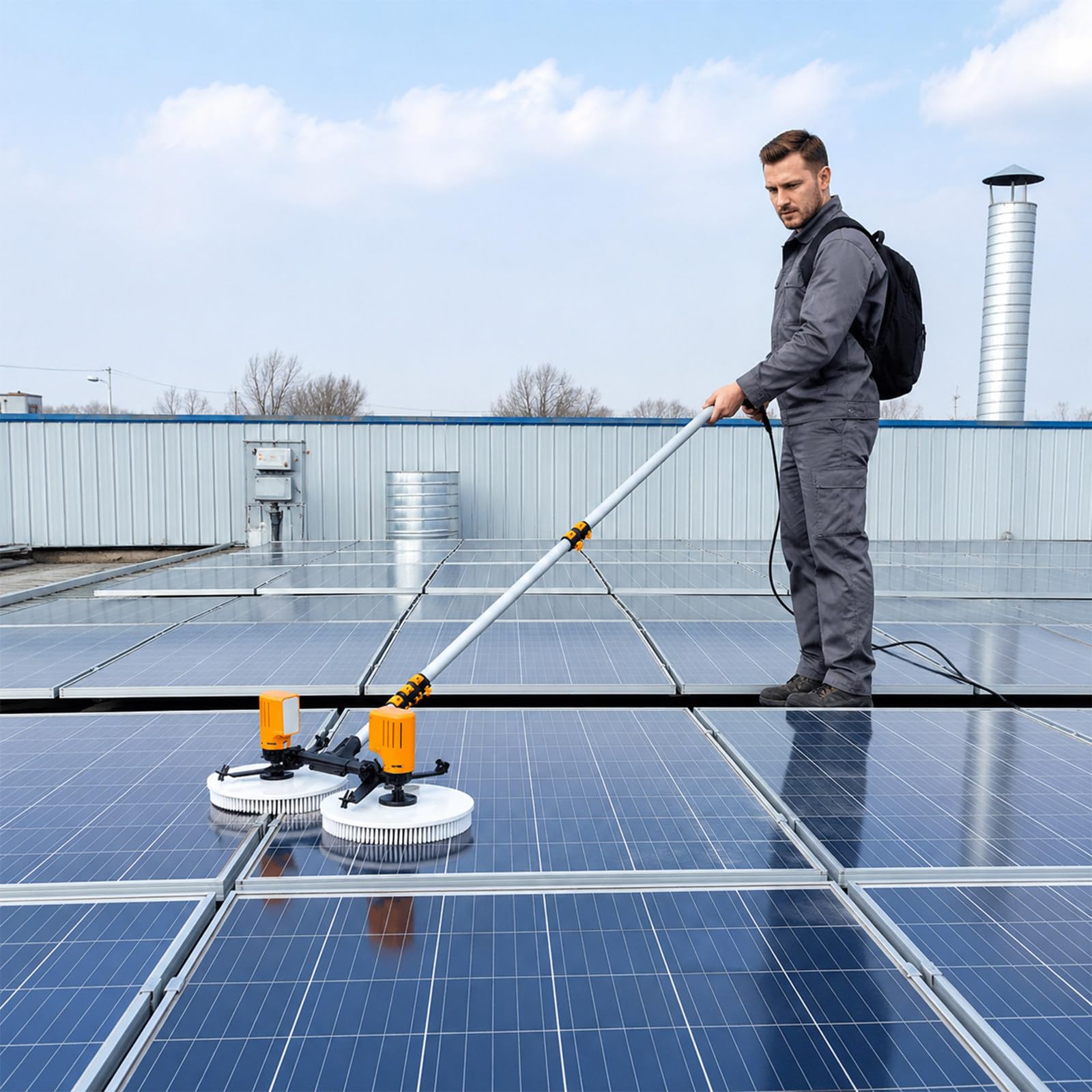 SENJINGHUA Electric Dual-Head Photovoltaic Cleaning Robot, 3.5m, 5.5m, 7.5m Aluminum Telescopic Pole, with Water Fed Rotary Brush for PV Panel Dust Removal 7.5m