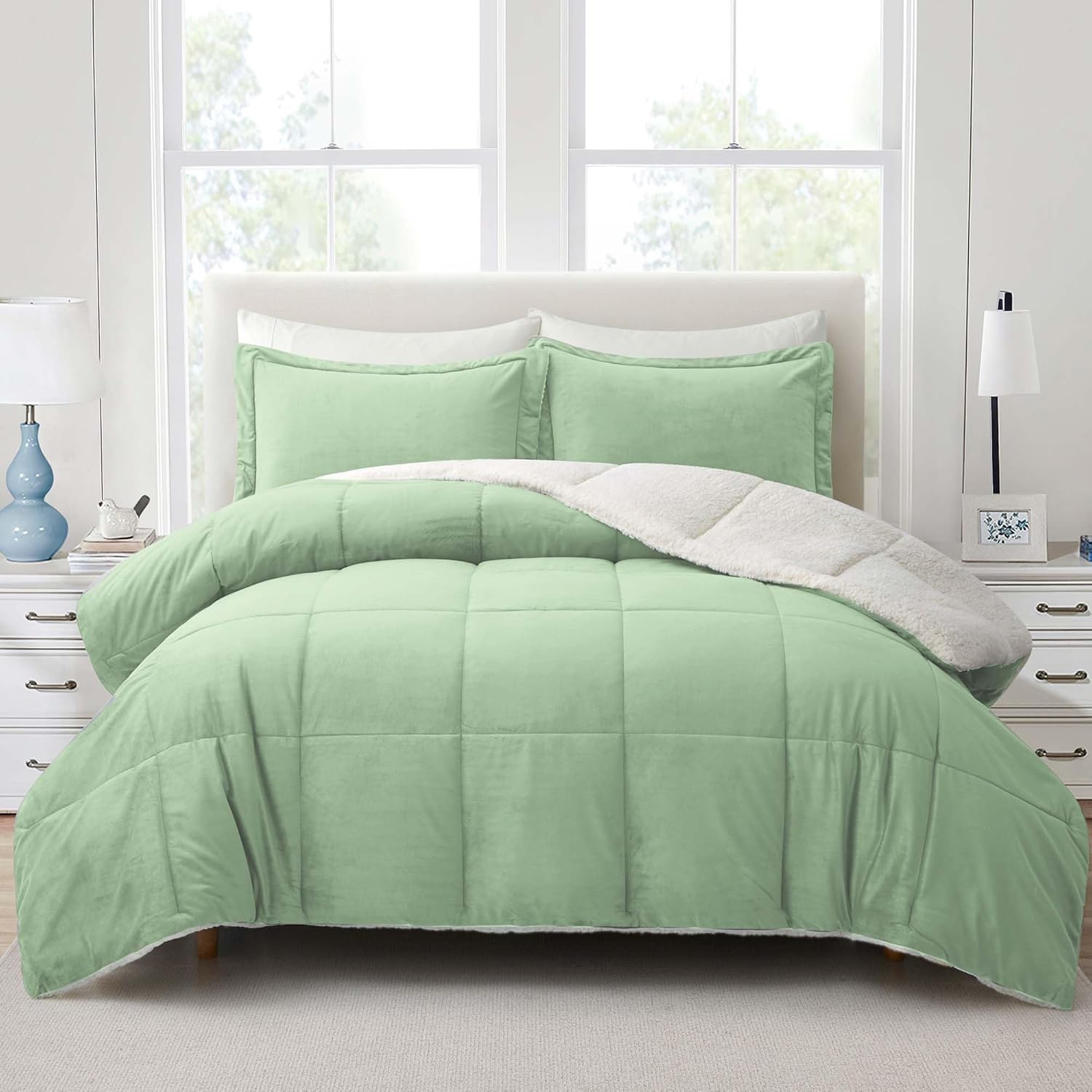 Sherpa Comforter Set Twin Size for All Season Ultra Soft Fuzzy Plush Sherpa Blanket, 1 Comforter with 1 Pillow Shame Reversible Winter Warm Velvet Comforter, Green, Twin, 68”X90” Medium Thick-green Twin