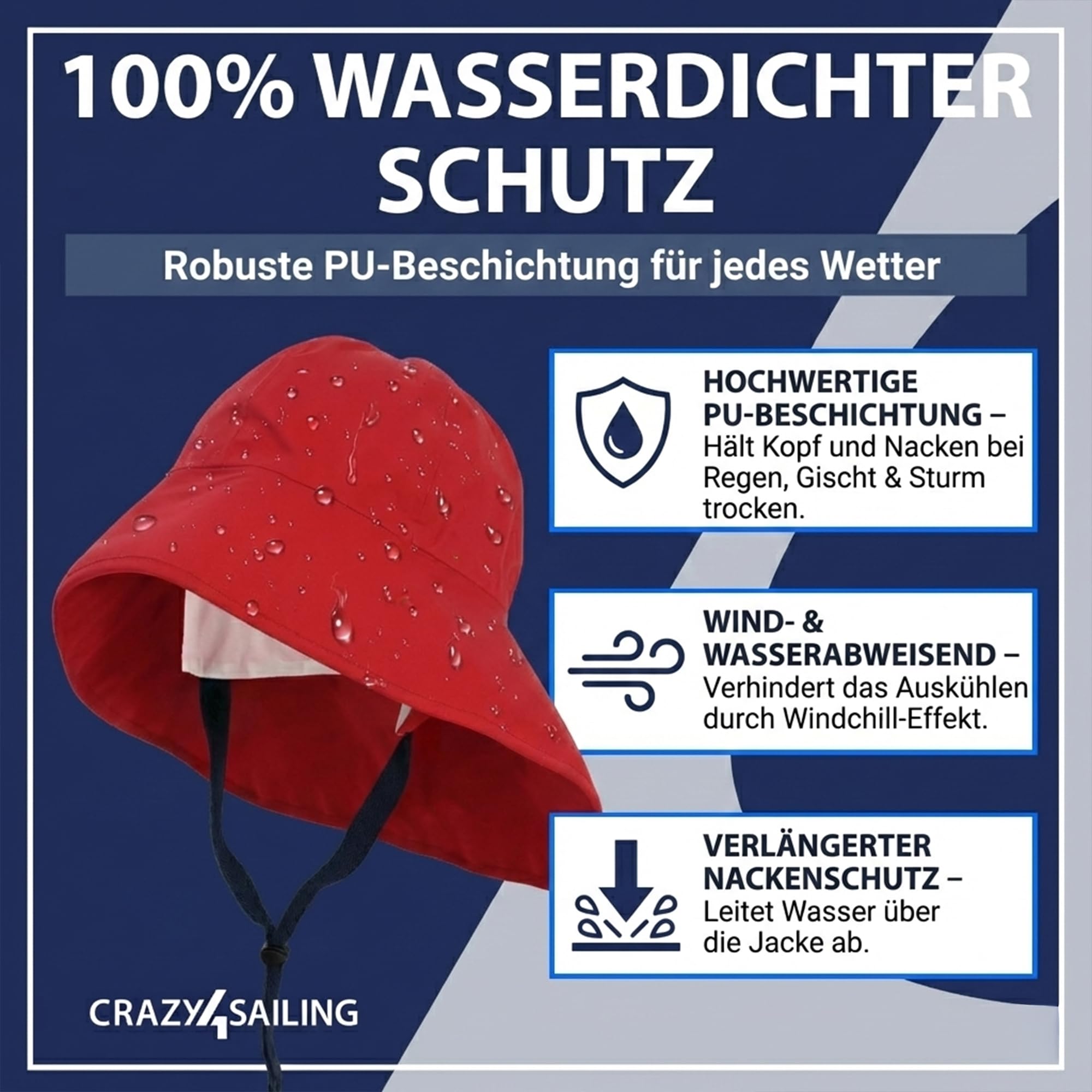 crazy4sailing Südwester Storm - Sombrero de lluvia para hombre y mujer, impermeable, con forro y correa para la barbilla, gorro de lluvia clásico para vela, pesca y exterior, resistente al viento y