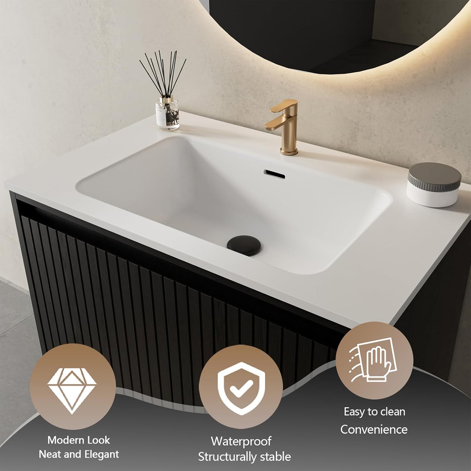 30 Inch Bathroom Vanity with Sink, Modern Design for Small Spaces, Space-Saving Wall-Mounted Feature, Soft-Closing Doors for Quiet Use, Elegant Black Finish for Contemporary Style（White Sink）