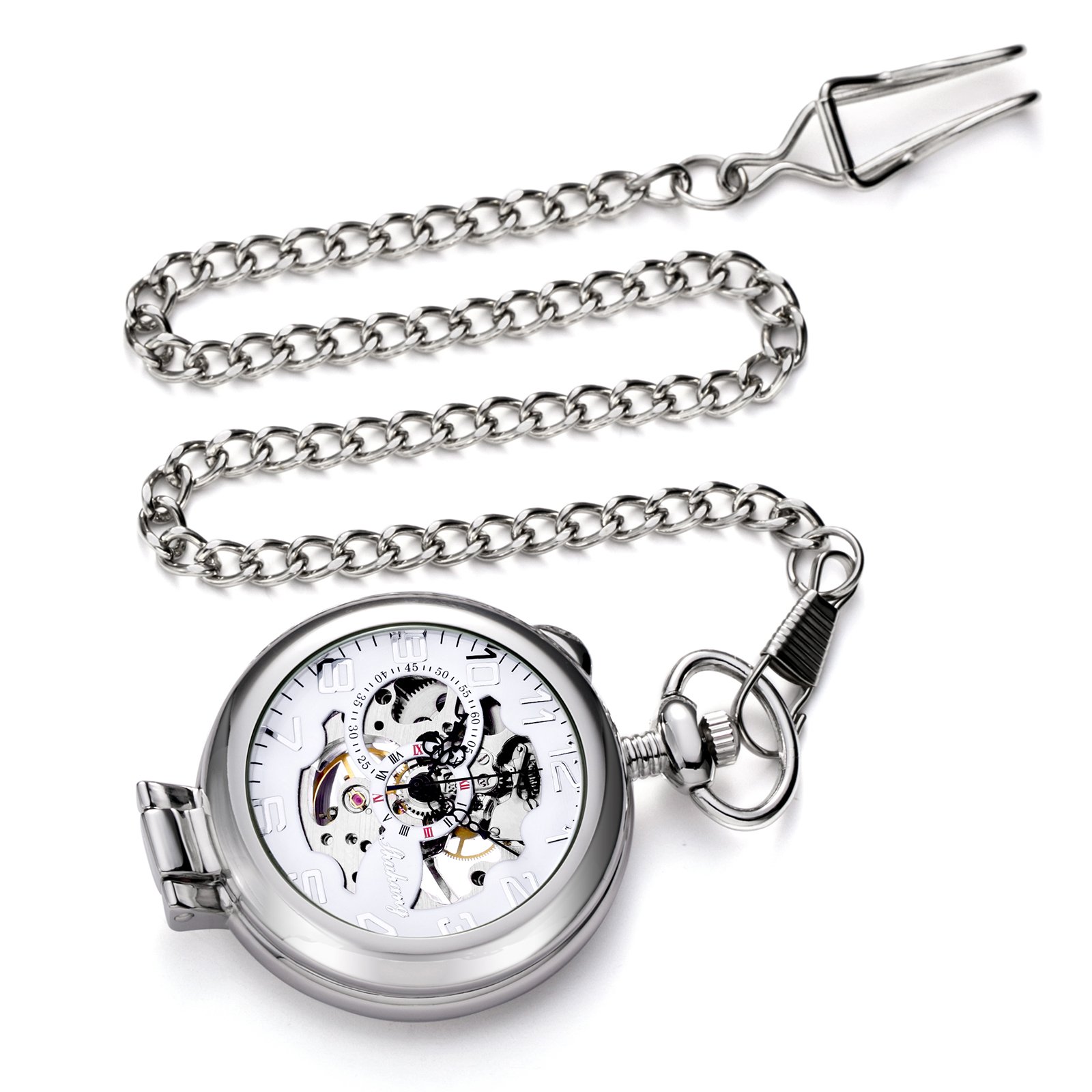 TREEWETO Montre de Poche Mécanique Steampunk pour Homme et Femme, Cadran Squelette Argenté avec Chaîne + Boîte, Argenté, Rétro