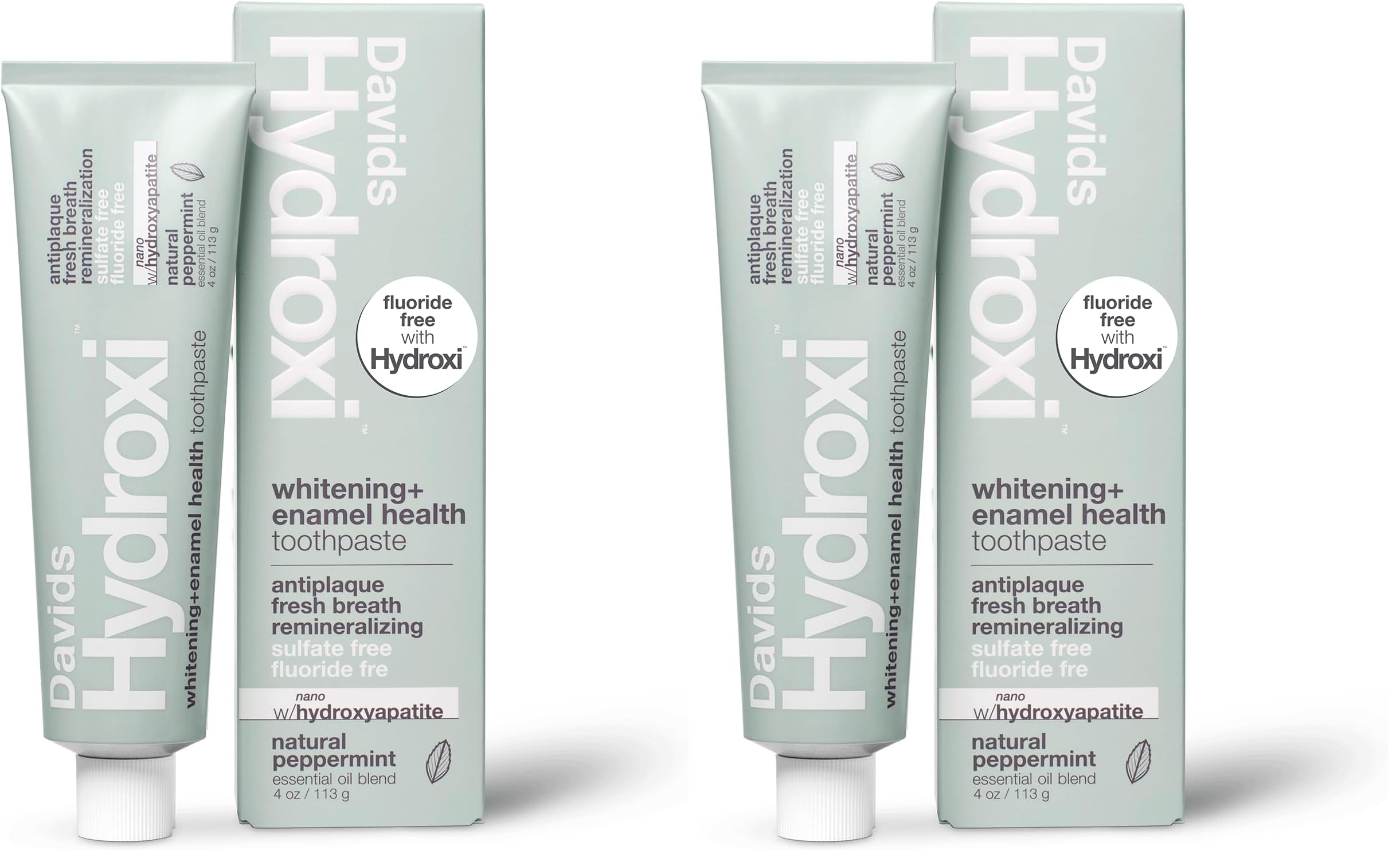 Davids Hydroxi Fluoride Free Nano Hydroxyapatite Whitening + Enamel Health Toothpaste, Antiplaque, Fresh Breath, Remineralizing, SLS Free, Natural Peppermint, 4 oz, Made in USA (Pack of 2)