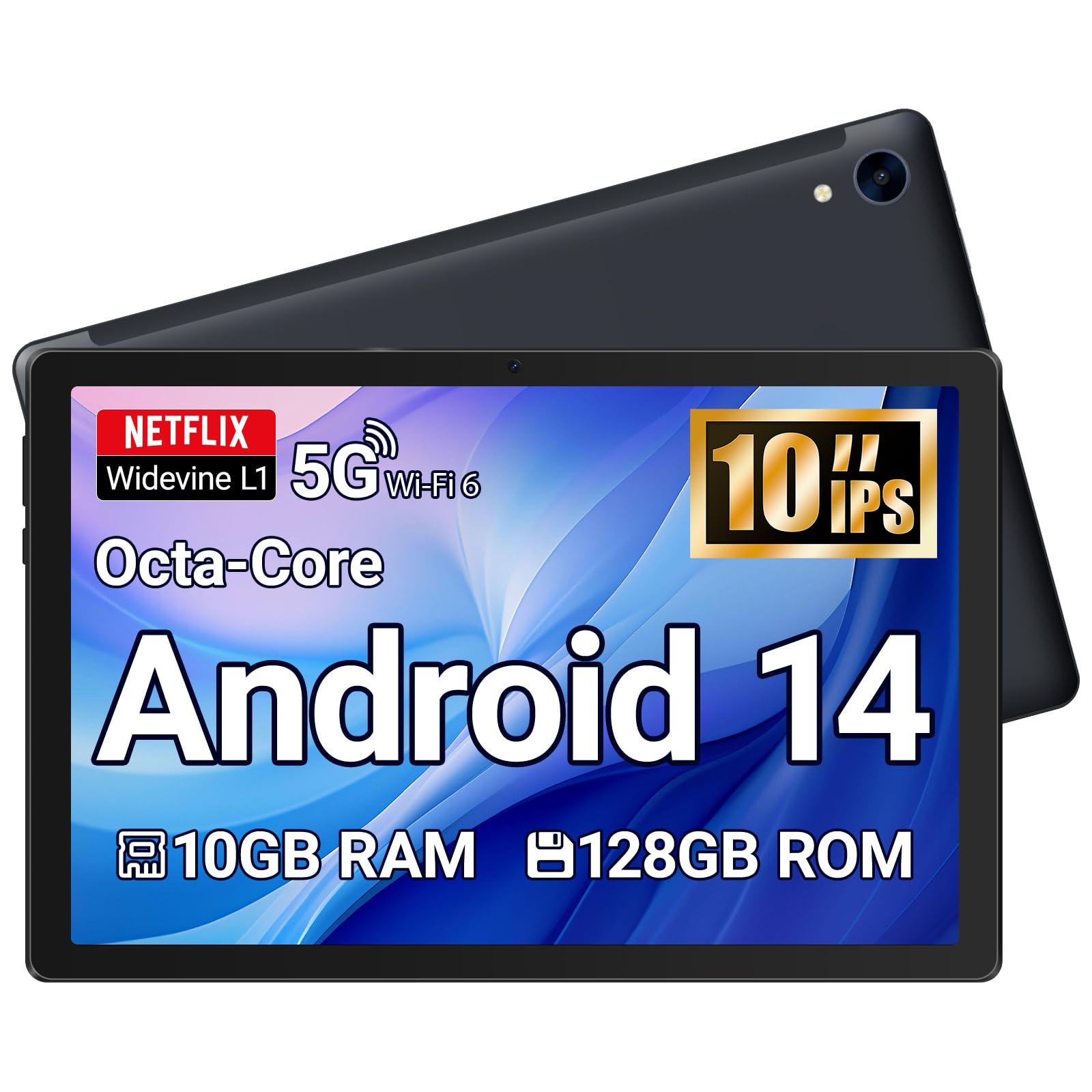 Yicty Tablet 10 Inch Android Tablet Octa Core 10 GB RAM 128 GB ROM 1280 * 800 HD IPS Touchscreen Dual Kamera WiFi 6 BT 5.3 5000 MAh Akku 2025 (Noir