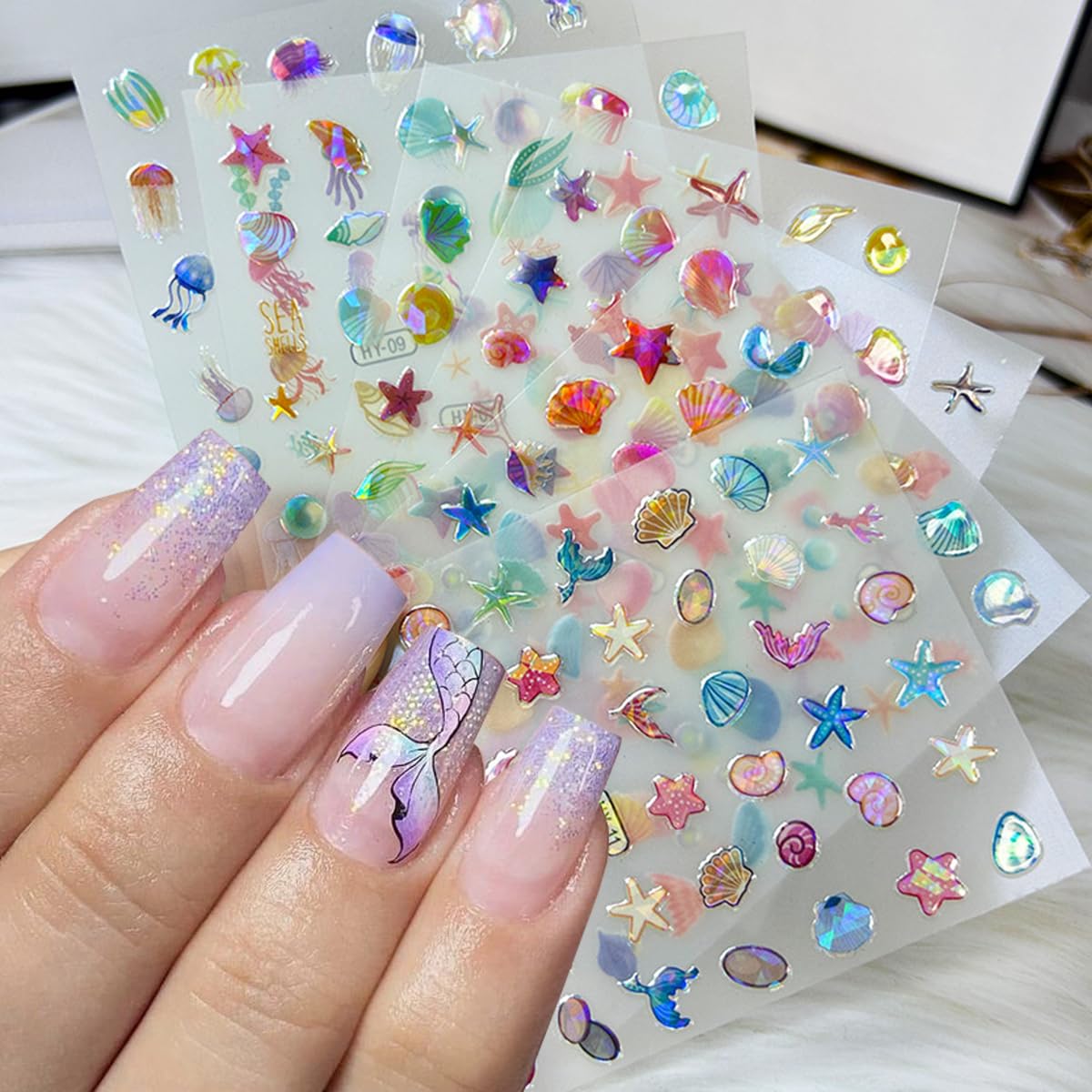 12Sheets Summer Nail Art Stickers Shell Starfish Nail Stickers Cute Jellyfish Mermaid Nail Art Design 3D Self Adhesive Marine Life Nail Decals Summer