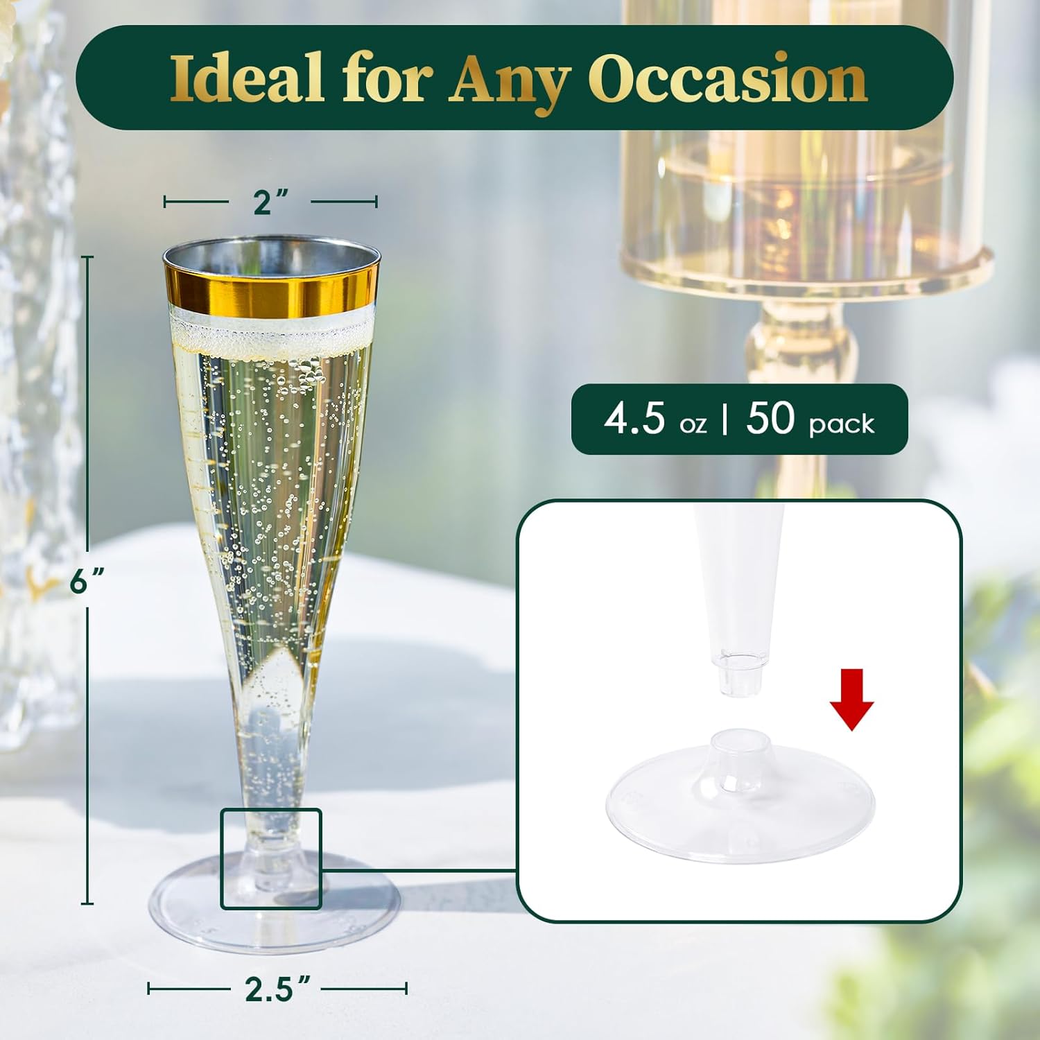 FOCUSLINE 50 Pack Plastic Champagne Flutes, 4.5 Oz Gold Rim Disposable Champagne Glasses for Wine, Cocktails, Mimosas, Disposable Clear Toasting Glasses, Perfect for Parties and Any Celebrations
