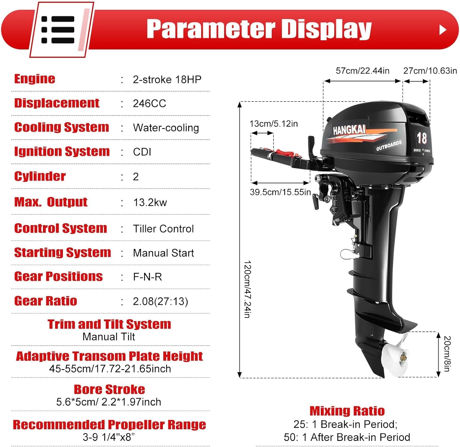 2 Stroke 18HP Outboard Motor Gas-Powered Water Cooling Boat Engine Long Shaft Tiller Control 246CC Heavy Duty Fishing Boat Kayak Engine Outboard Motors Boat Engine Motor(18hp long shaft)