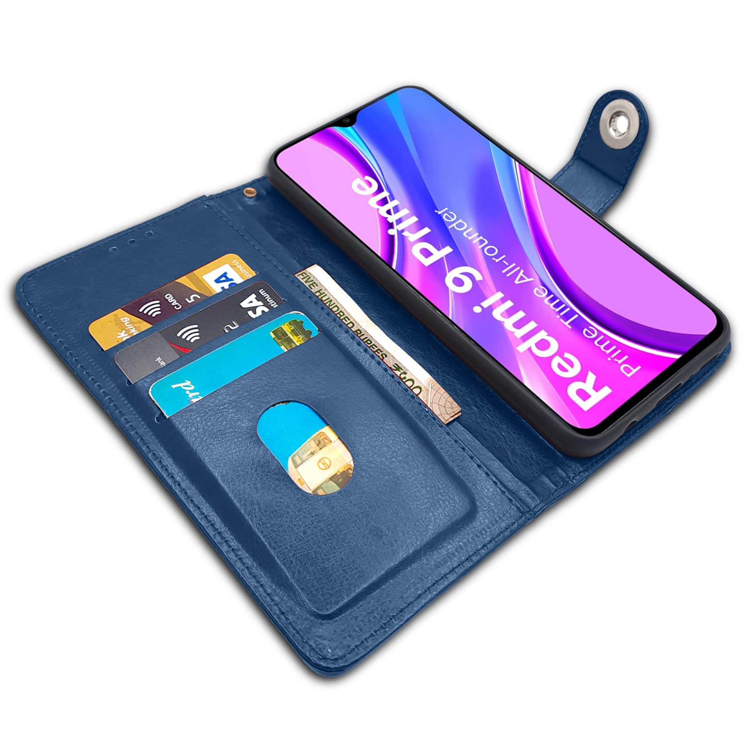 Pikkme Redmi 9 Prime/Poco M2 Flip Cover Case | Leather flip Back Covers Cases for Redmi 9 Prime/Poco M2 (Button Blue) 1
