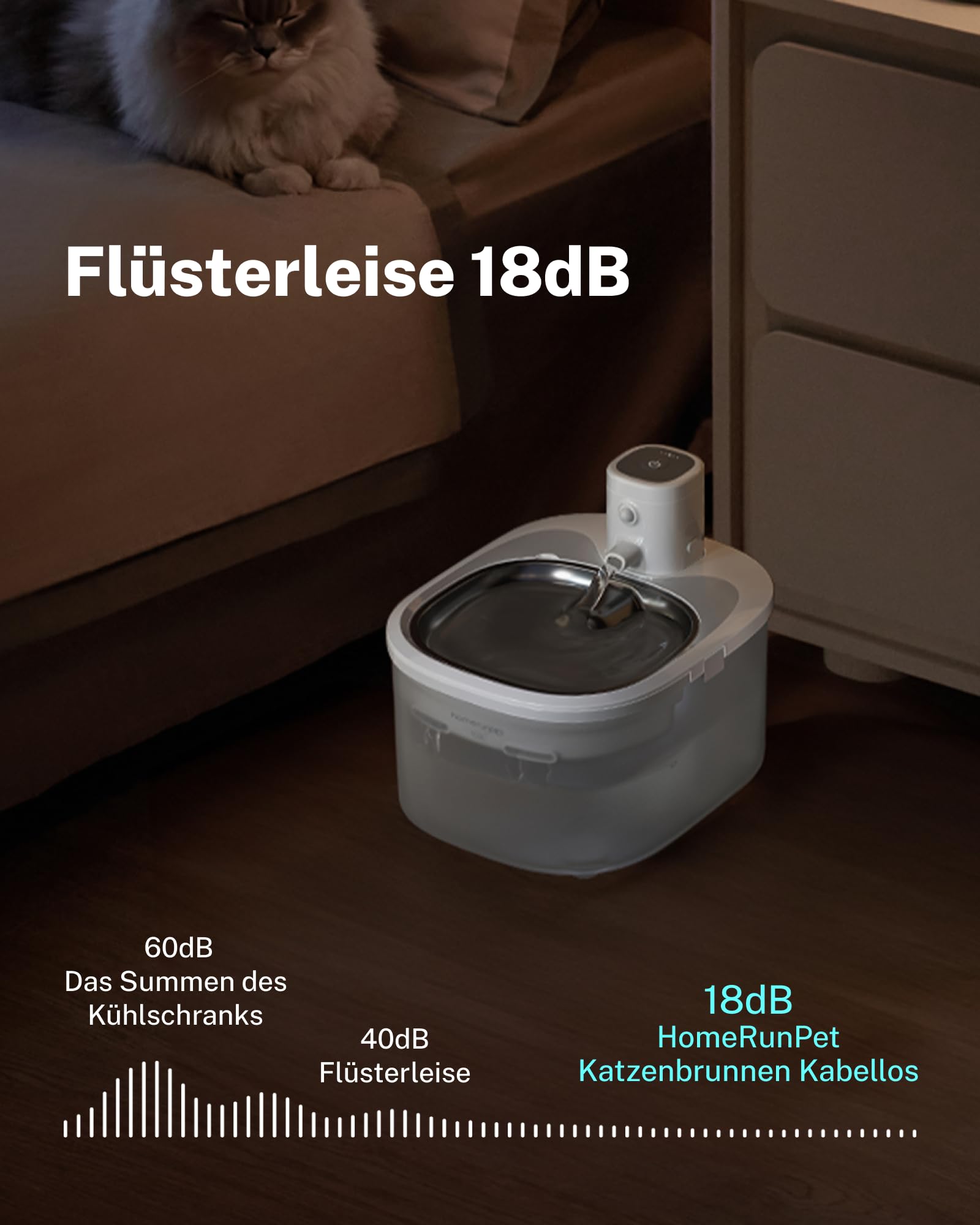 HomeRunPet Trinkbrunnen für Katze Kabellos,Katzenbrunnen mit Bewegungsmelder, 2.5L Katzenbrunnen Edelstahl,Batteriebetrieb 4000mAh,Edelstahl-Tablett,18dB Extrem Leiser, Einigen (Spülmaschinenfest)