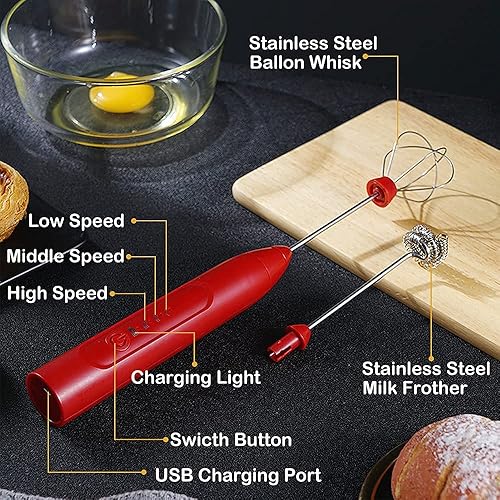 Miniatura 2 de Qweeon Espumador de leche de mano, espumador de café recargable, mezclador de bebidas de 3 velocidades con 2 batidores de acero inoxidable para