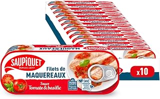 SAUPIQUET - Filets de Maquereaux sauce Tomate et Basilic - Riches en Oméga 3 - Produits en Bretagne - Issus d'une Pêche Traçabilité Garantie - 10 Conserves (169 g)