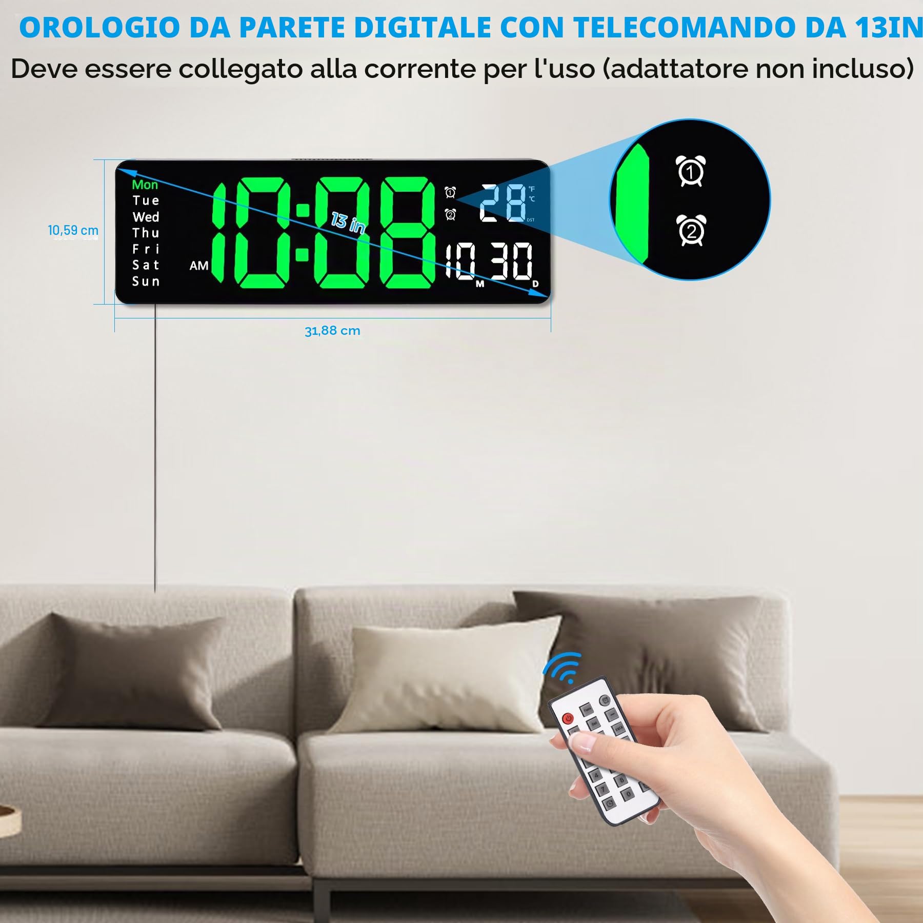 Sukeen Orologio digitale da parete digitale da 13 pollici, orologio da parete, sveglia digitale, telecomando/conteggio avanti e indietro/dimmer a 10 livelli, doppio allarme/data/temperatura - Verde