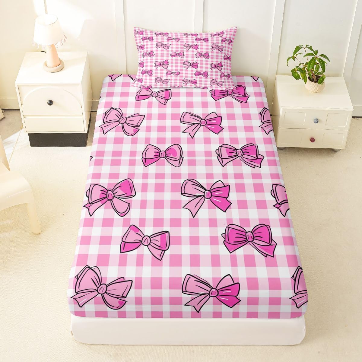 Cute Bow Kids Twin Size Fitted Sheet,Gingham Plaid Boys Girls Bed Sheets,Sweet Coquette Room Decor,Pink Bedding Set,1 Pillowcase(No Flat)
