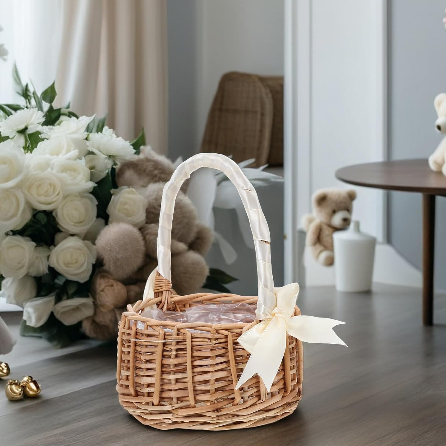 Mobestech Natural Willow Flower Girl Basket with Handle and White Ribbon Bow, Medium Handwoven Wicker Basket for Wedding Ceremony and Decor
