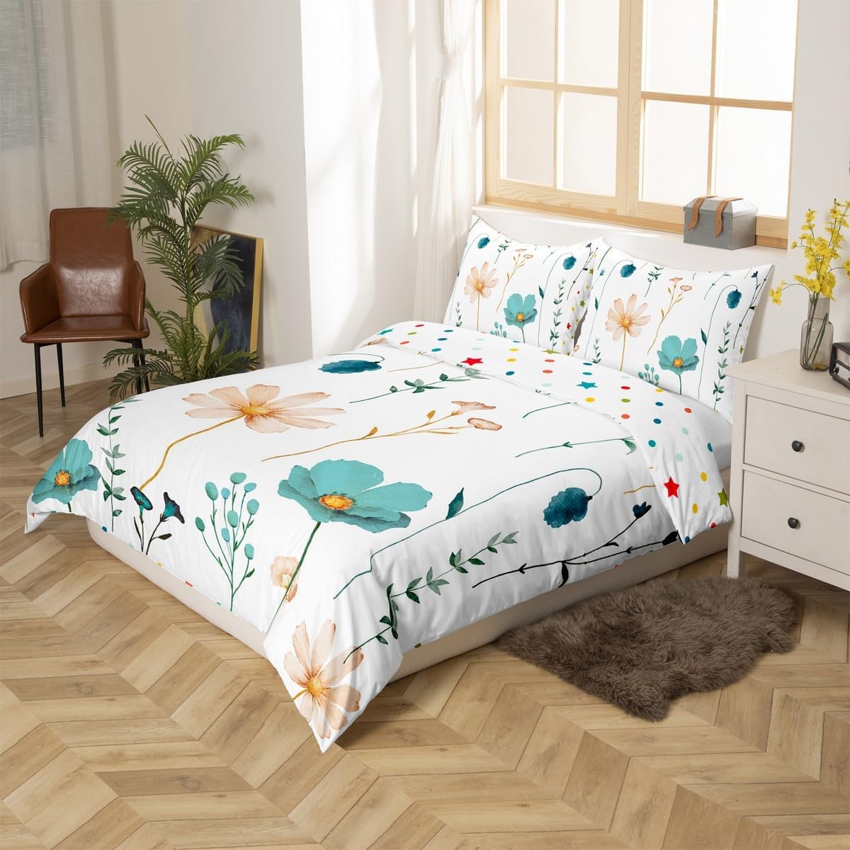 Erosebridal Watercolor Floral Bedding Set Twin, Teal Beige Flower Comforter Cover for Girls Teens Women, Modern Minimalist White Duvet Cover Pastoral Branches Aesthetic Quilt Cover, 1 Pillow Case