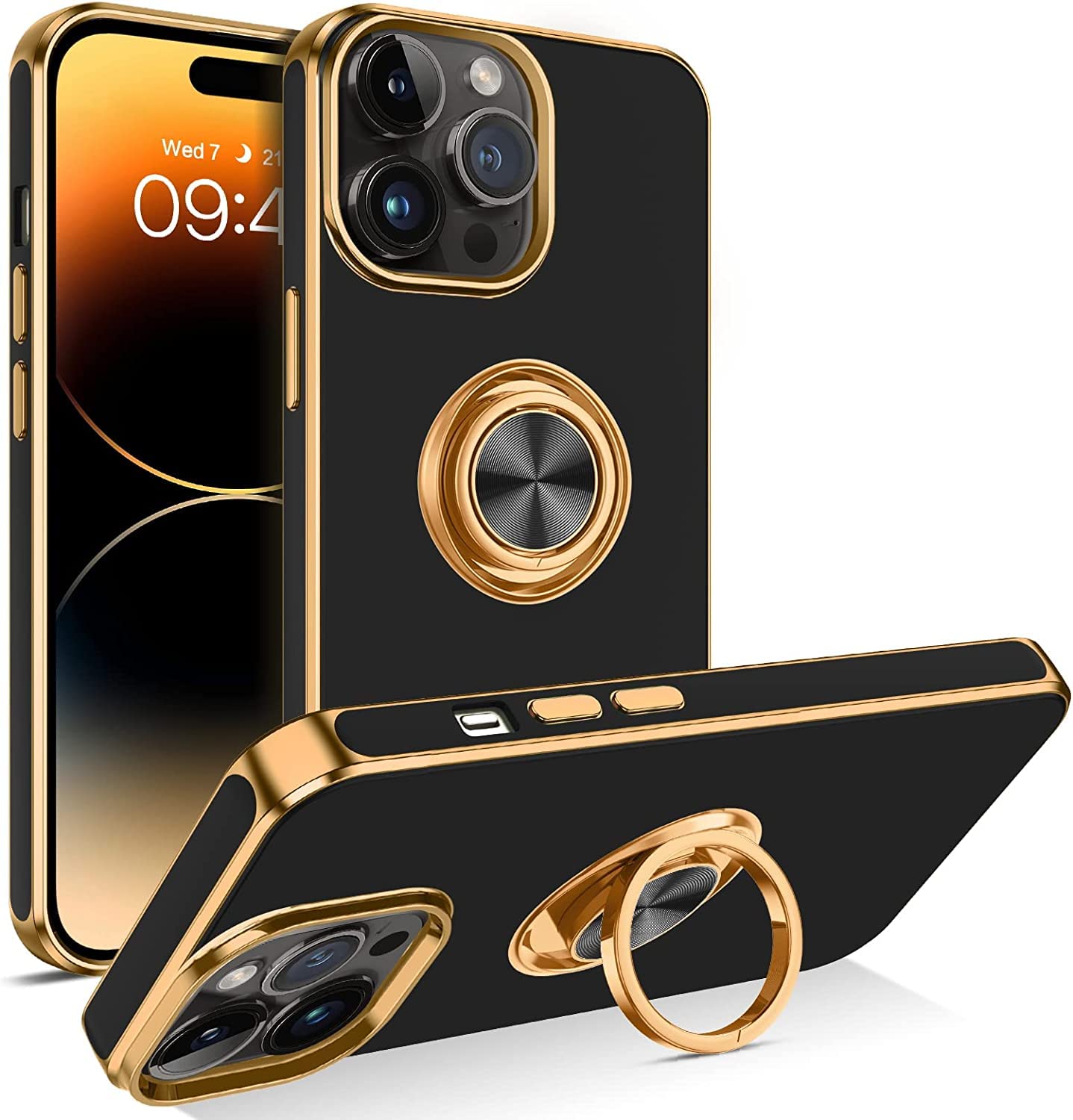 Zubitech Case for iPhone 14 Pro Soft Silicon Shockproof Luxury Gold Lining Case Rotatable Magnetic Ring Grip Holder Car Mount Kickstand Cover Compatible for iPhone 14 Pro (Black)