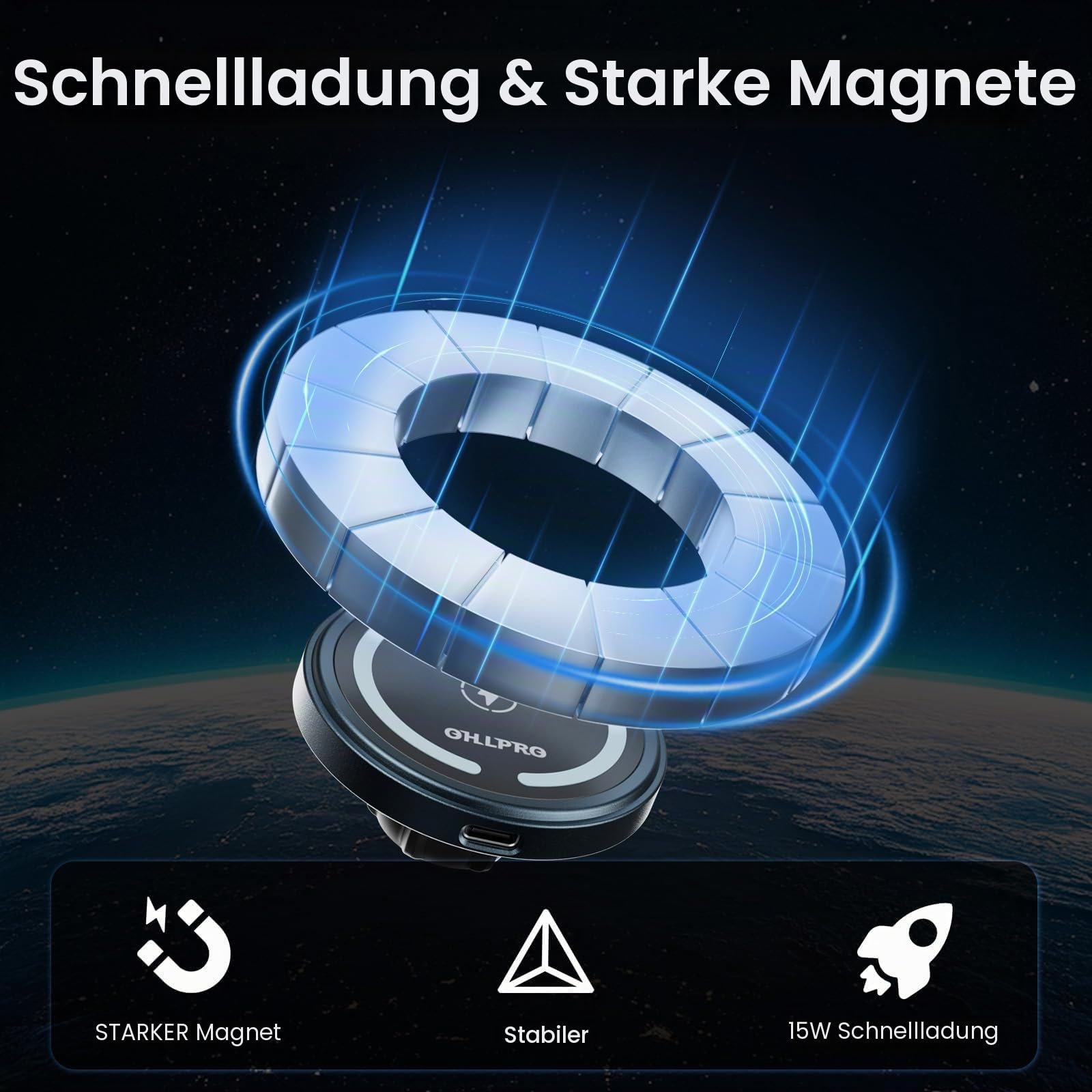 OHLPRO MagSafe Kfz-Ladehalterung, 15 W QC 3.0 Schnellladung für iPhone 17 Pro Max, Pro, Plus, 16, 15, 14, 13, 12 Serie, Selbstklebende Handyhalterung für Armaturenbrett und Lüftungsschlitze