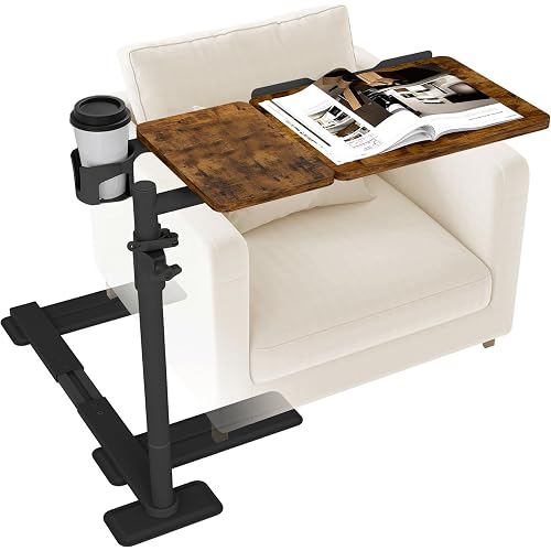 YUHFERA Swivel Table for Recliner Chair with Tilting Top, Adjustable Laptop Side Table for OverCouch & Sofa, Slide Under Tray Tables for Eating & Reading, Armchair Desk (Rustic Brown)