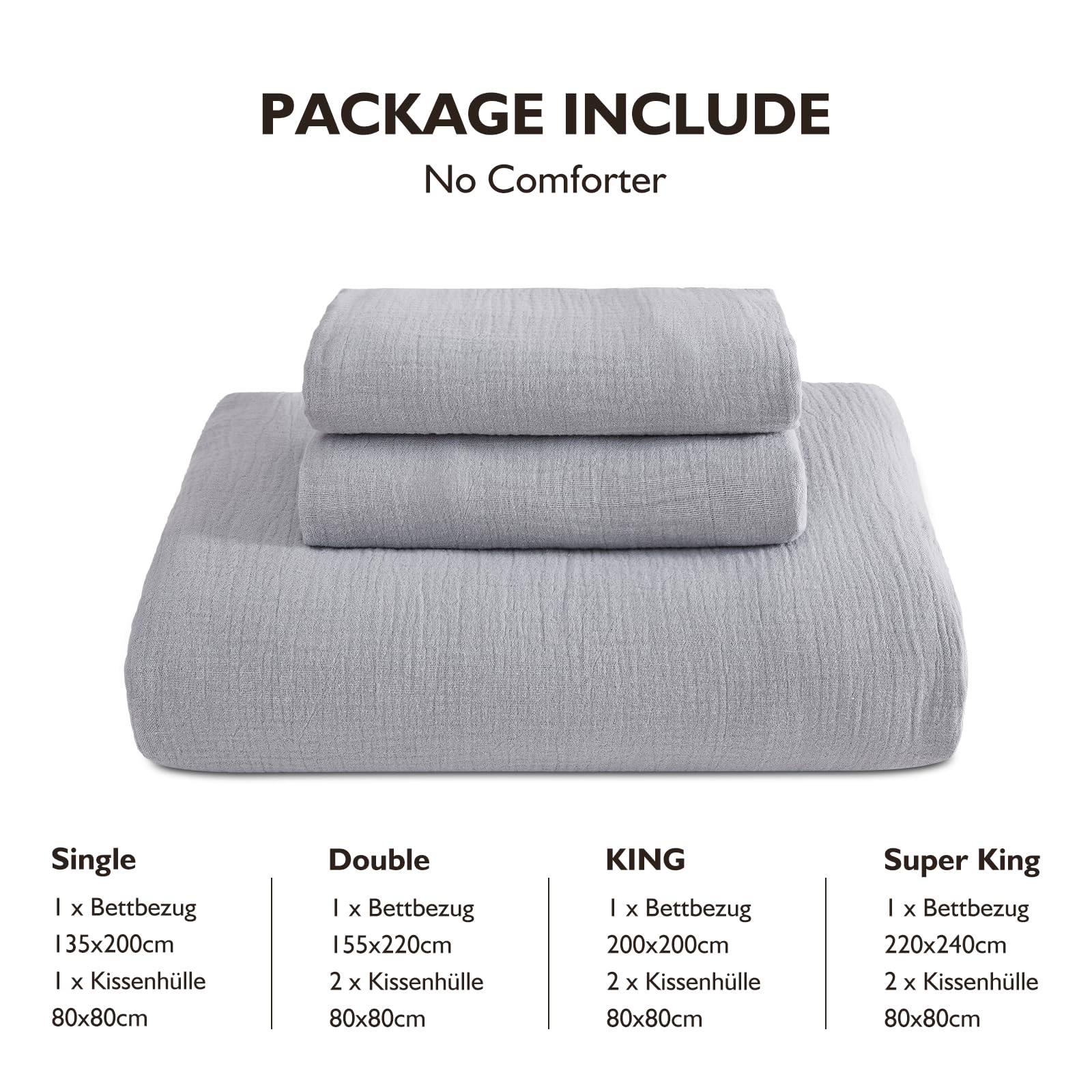 EMME Ropa de cama de muselina, 100 % algodón, 135 x 200 cm, doble ropa de cama de verano con cremallera, juego de 1 funda nórdica con 1 funda de almohada de 80 x 80 cm, colcha de muselina, certificado