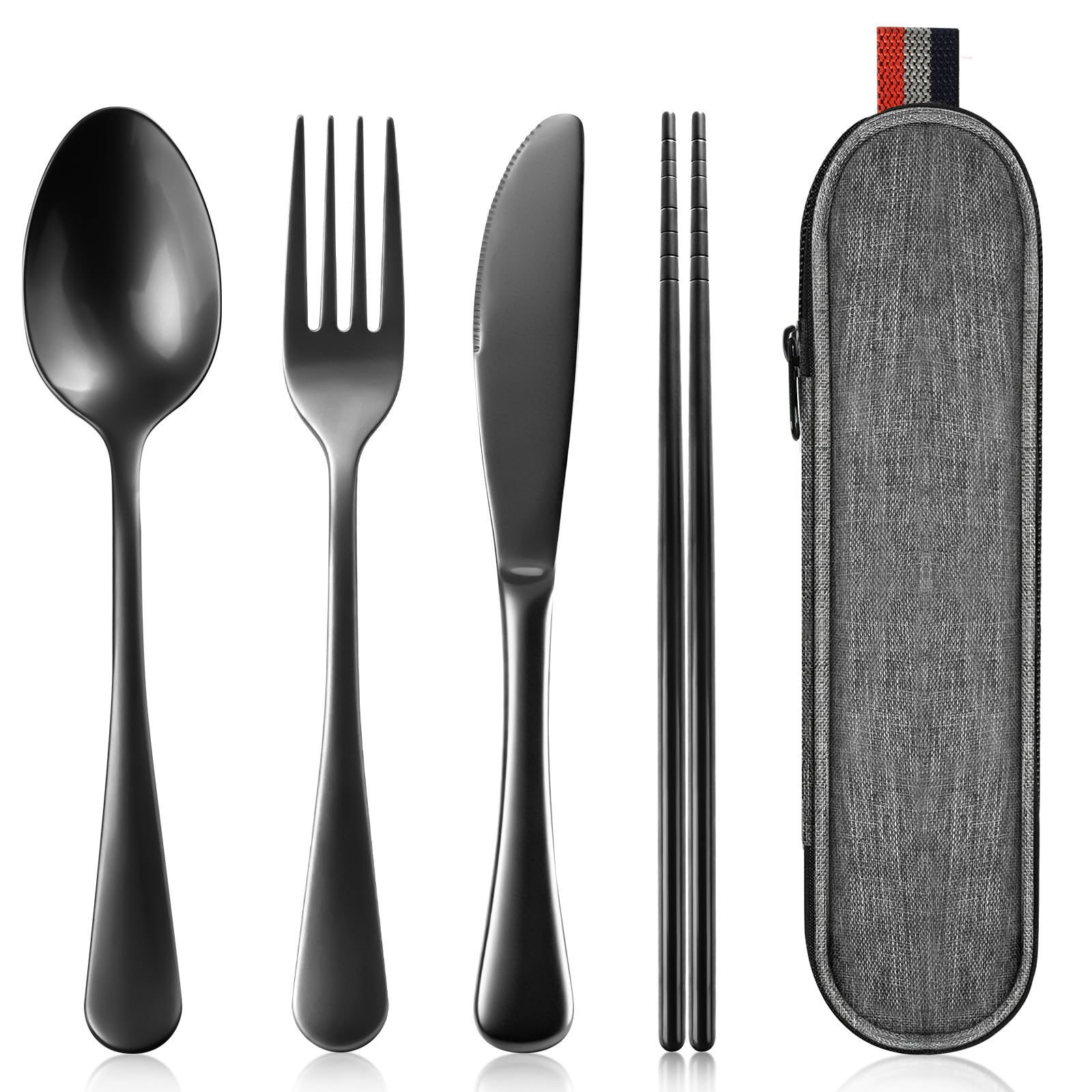 flintronic Camping Cutlery Set with Case, 4 Piece Reusable Stainless Steel Knife Fork Spoon Chopsticks, Travel Utensils Set Portable, for Outdoor Picnic Office School (Black)