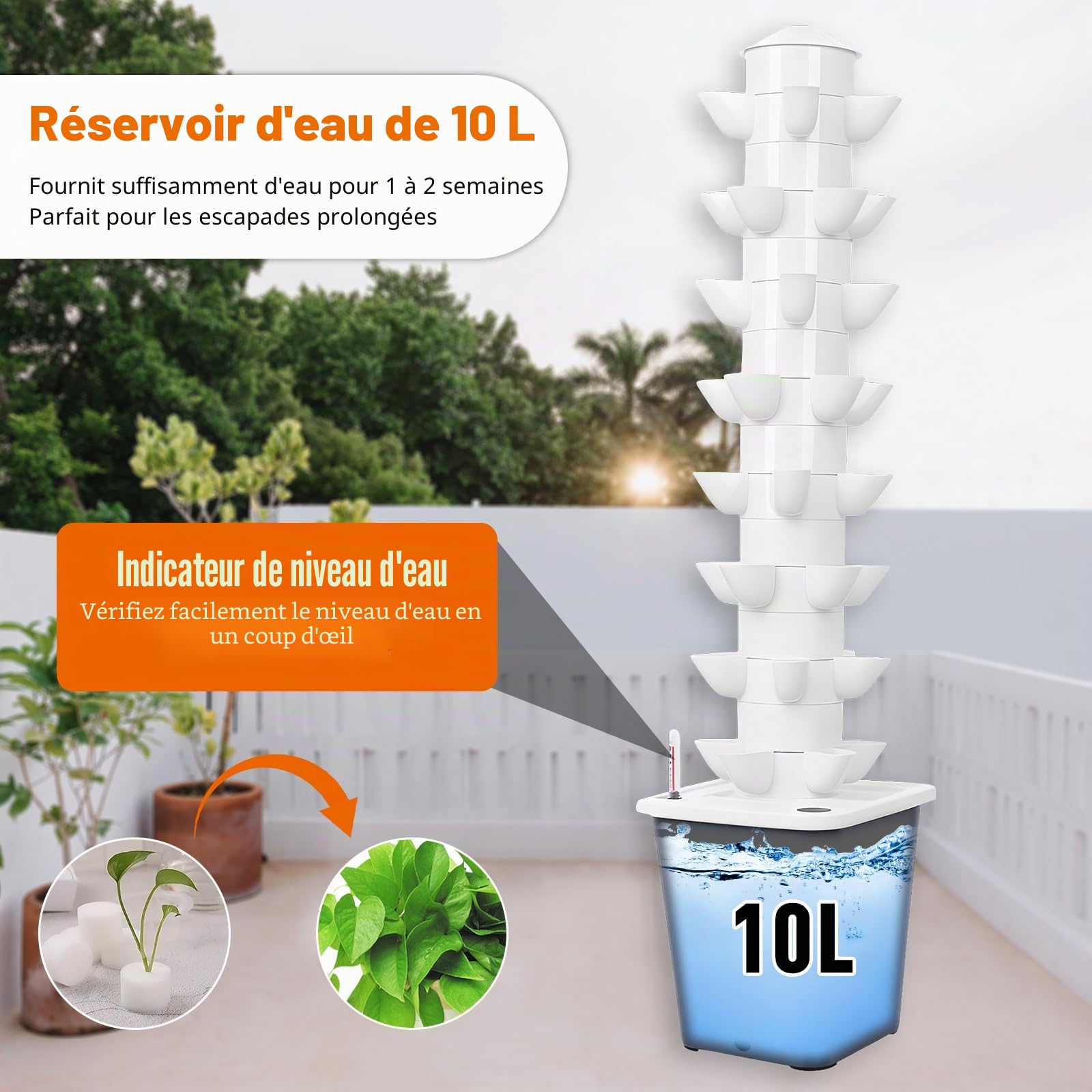 Système hydroponique 40 pods, Tour Verticale 8 Niveaux avec réservoir 10L | Kit de culture sans sol avec pompe à eau, idéal pour herbes, fruits et légumes à la maison, terrasse ou balcon