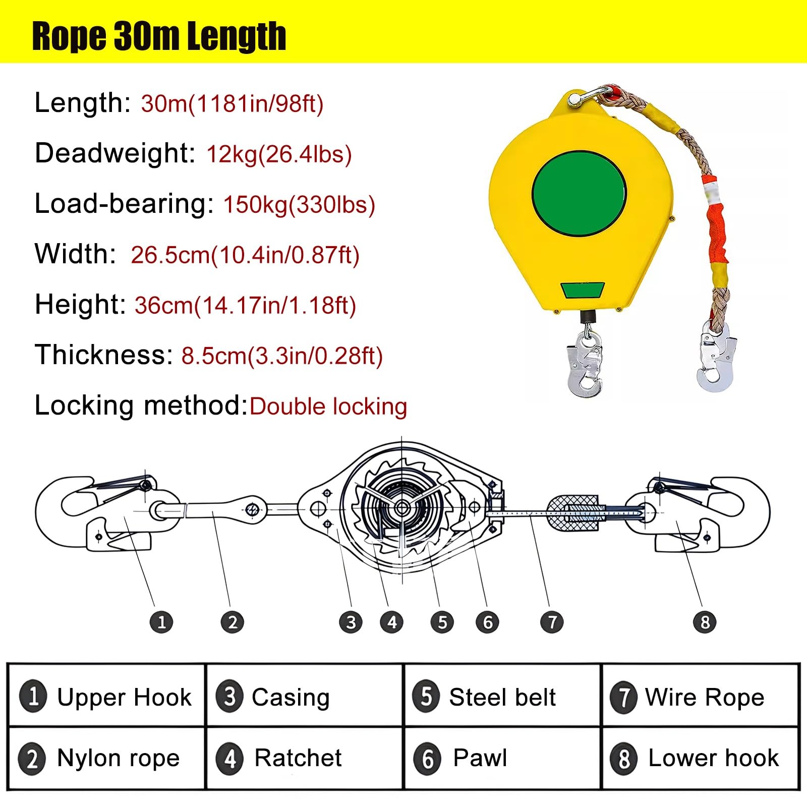 Heavy Duty Confined Space Rescue Tripod, Retractable Anti-Dropping Rescue System for Working in High Places/Cliffs/Narrow Space, Safety Tripod with 65ft/98ft/130ft Winch Cable (Size : Fall Protector