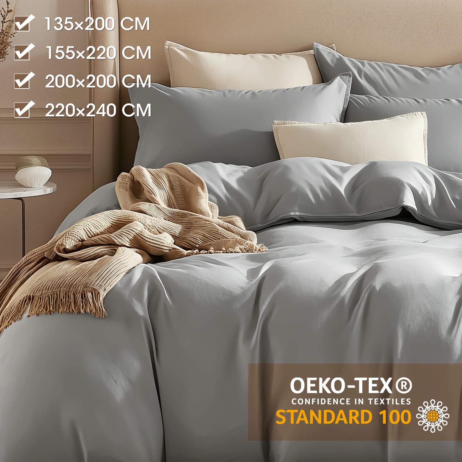 Bettbezug 200x200cm aus 100% Baumwolle (200 TC) – Grau, ohne Kissenbezug, mit Reißverschluss & Eckbändern, Oeko-Tex Zertifiziert, allergikerfreundlich, pflegeleicht