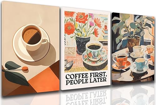Juego de 3 arte de pared vintage enmarcado de café, flores estéticas de moda, decoración de pared, pintura de café espresso de viaje simple, póster