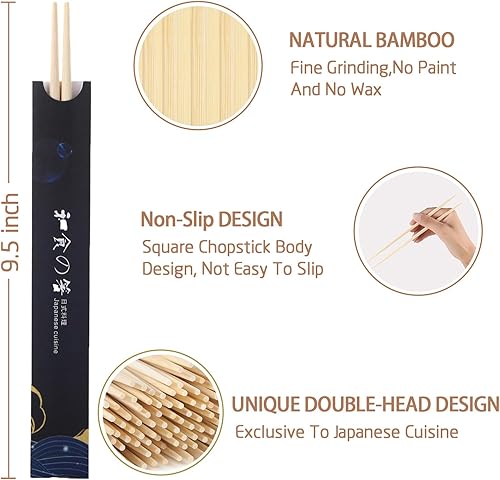 Miniatura 8 de 100 pares de palillos desechables de bambú, 9.5 pulgadas, estilo japonés, doble punta separada, palillos separados para sushi y platos asiáticos