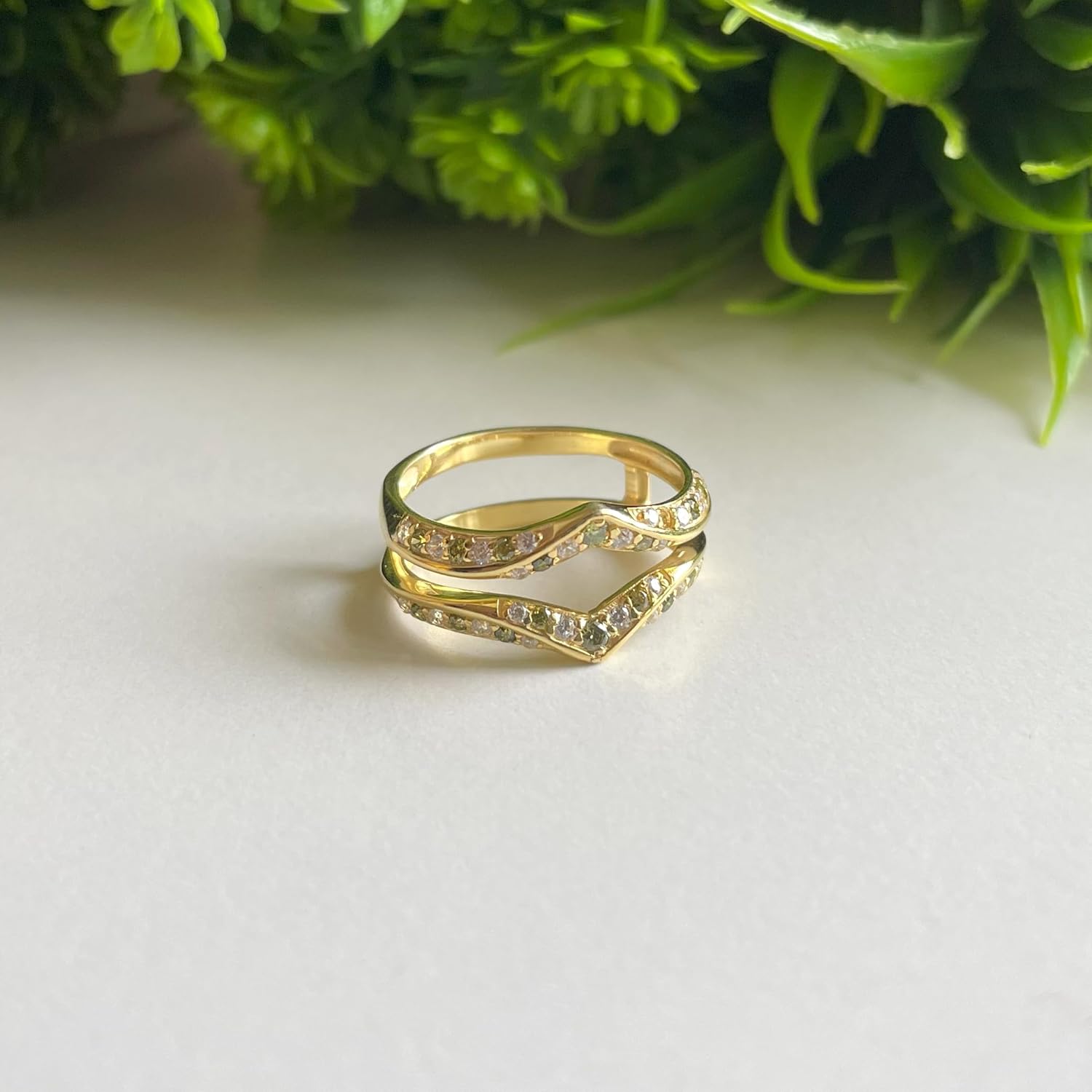 Green Peridot & White Diamond V Shaped Enhancer Guard For Women, 14k Gold Finish Green Peridot Anniversary Wrap Ring, Anniversary Band