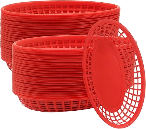 Cezoyx Paquete de 50 cestas rojas de comida rápida, 8.9 x 5.6 x 1.5 pulgadas, bandejas de plástico ovaladas para servir alimentos para suministros