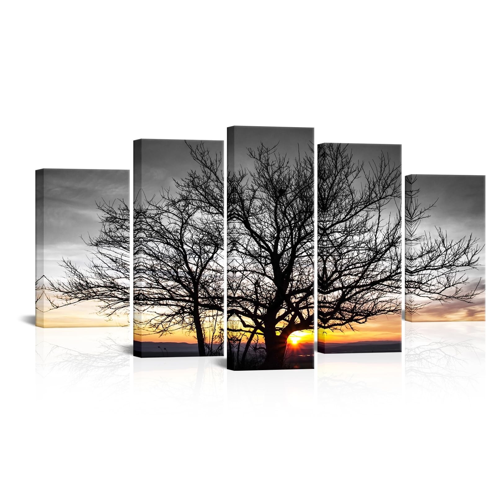 Artmyharbor Großer 5-teiliger schwarz-weißer Leinwanddruck Baum Wandkunst Gold Sonnenaufgang Bilder Gemälde Natur Landschaft Kunstwerk Zuhause Bauernhaus Wohnzimmer Schlafzimmer Büro Wanddekoration