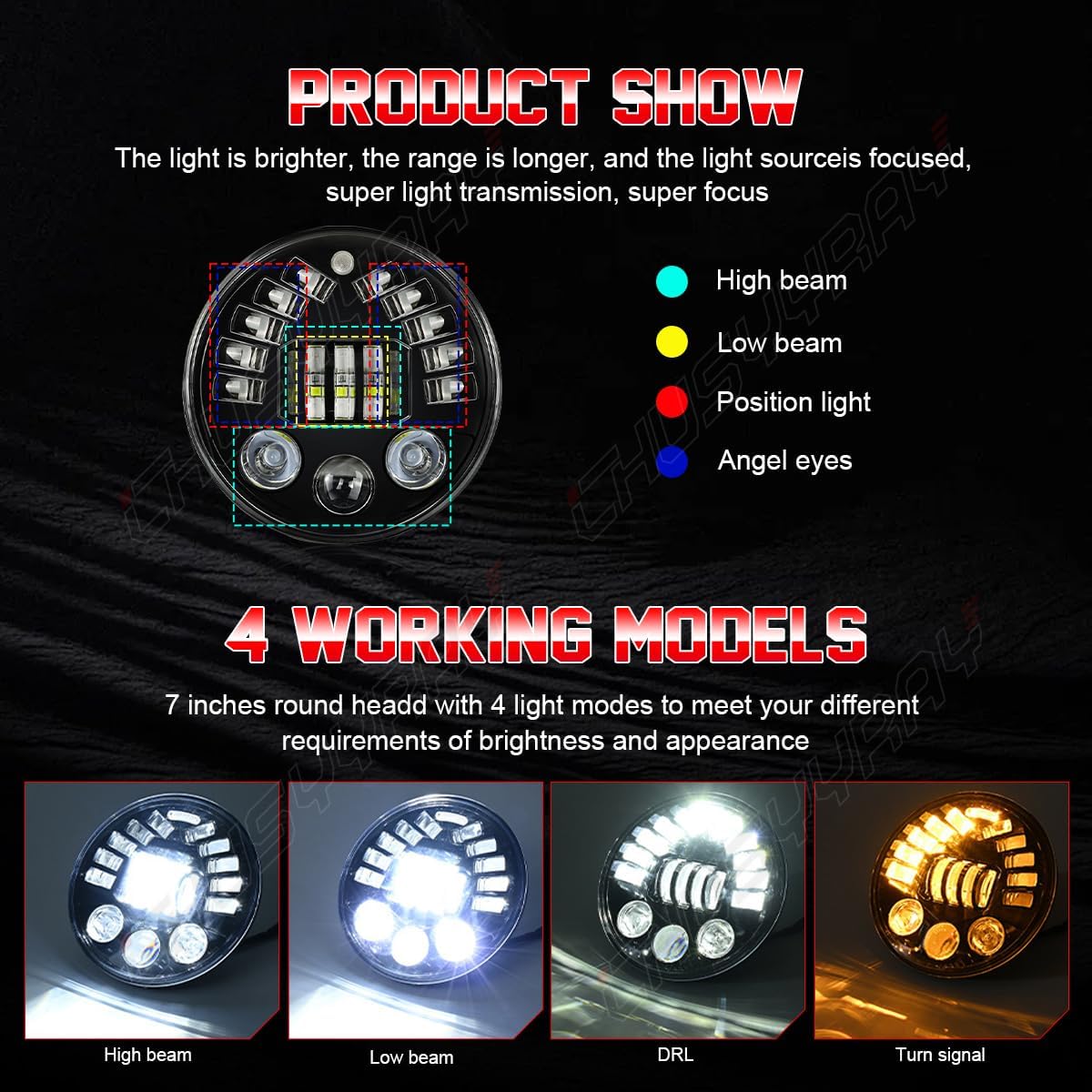 CHUSYYRAY 7'' Round Compatible with Yamaha V-Star 650 Classic XVS650A LED Motorcycle Headlight Assembly 1998-2010 for Off Road, High Low Beam DRL Turn Signal, DOT Approved, 10000LM 6500K White, 1PCS