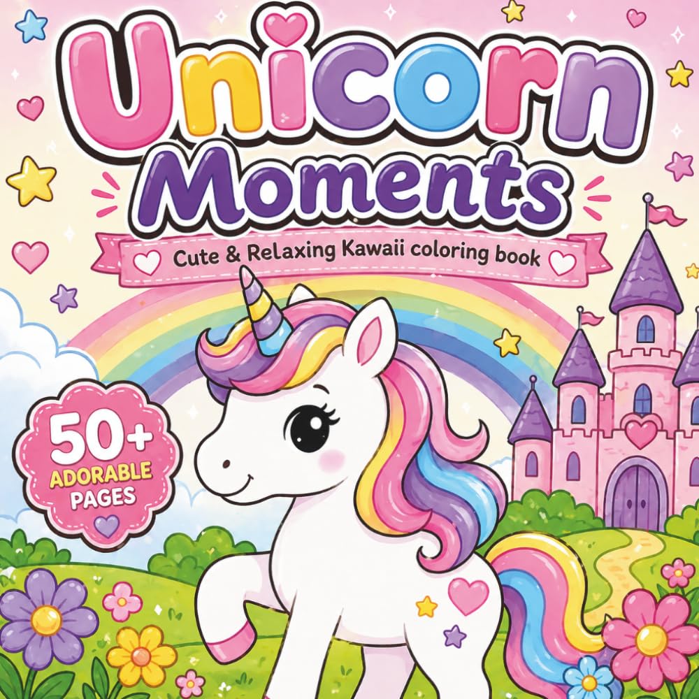 Unicorn Moments: Cute & Relaxing Kawaii Coloring Pages, 50+ Adorable unicorn coloring pages for unicorn lovers