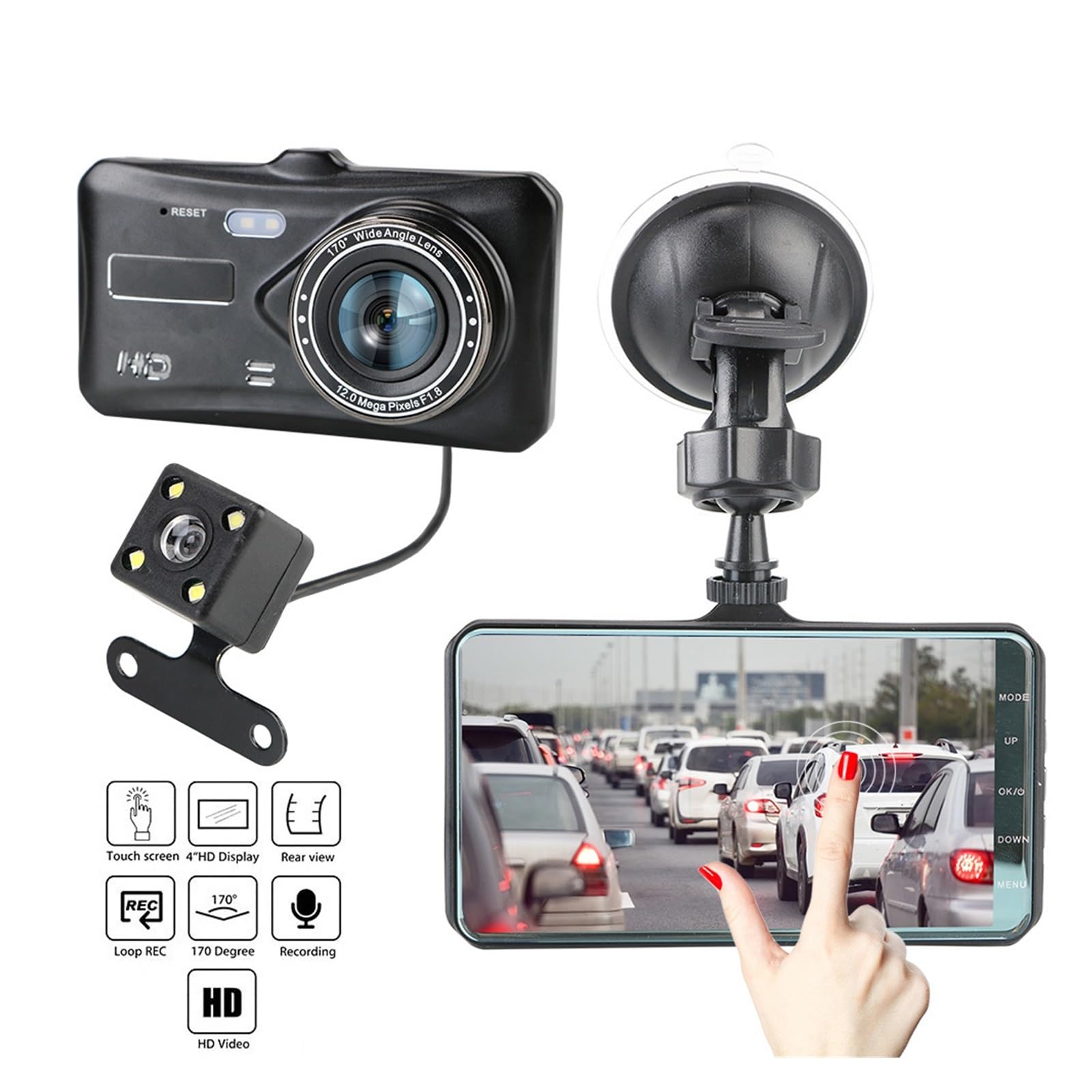 Przód kamery samochodowej HD 1080P kamera wideo z ekranem dotykowym podwójny obiektyw wideorejestrator samochodowy kamera na deskę rozdzielczą akcesoria samochodowe WDR Auto DashCam Łatwa instalacja (
