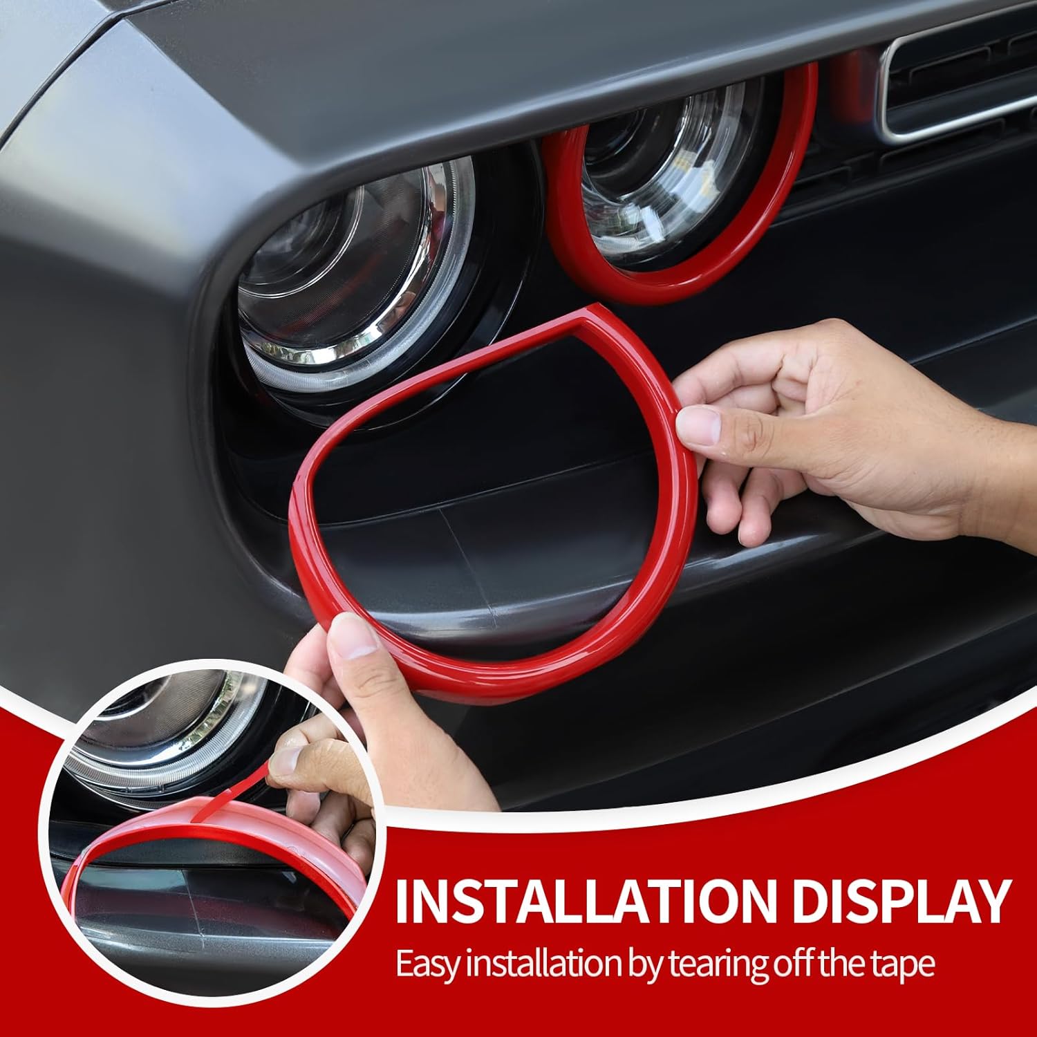 JeCar Headlight Cover & Front Fog Light Trim Exterior Accessories Compatible with Dodge Challenger 2015-2025, Red