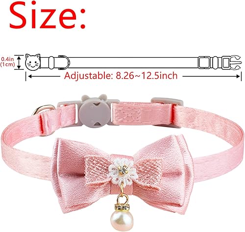 Miniatura 2 de Collar para mascotas, collar de gato con cuentas de lazo de encaje rosa, collar de campana para mascotas, collar de gato ajustable suave con flores