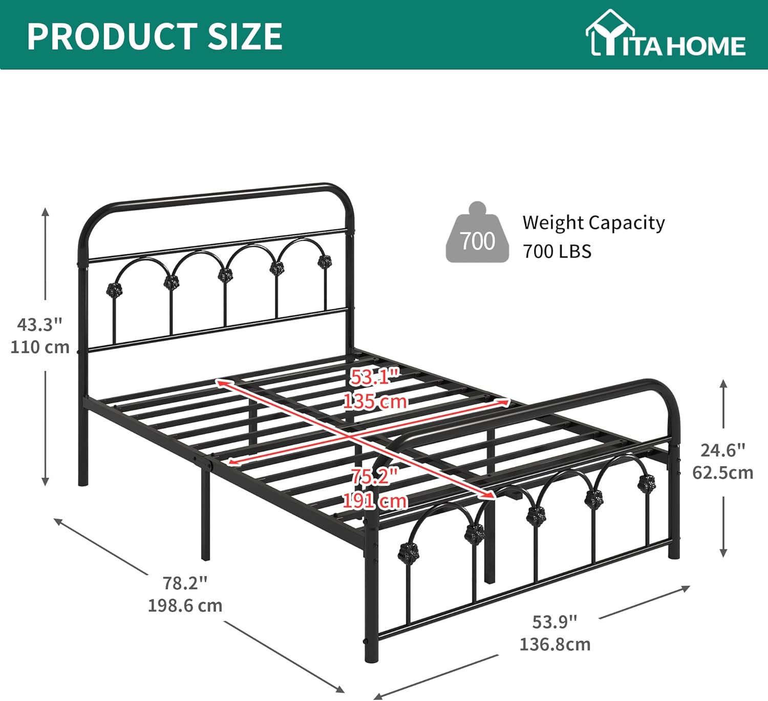 Product size diagram for YITAHome Double Metal Bed Frame