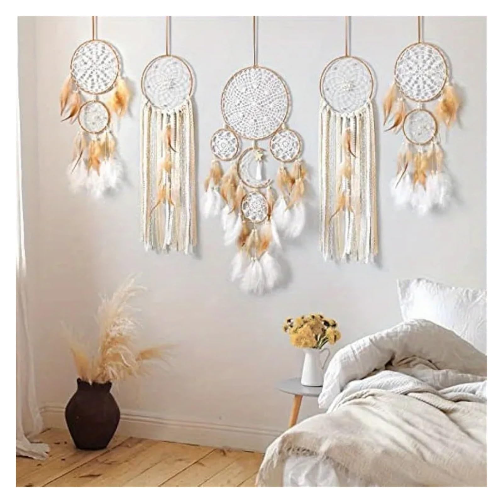 Atrapasueños Paquete de 5 atrapasueños Hechos a Mano, decoración for Colgar en la Pared, atrapasueños de Plumas Tradicionales Hechos a Mano(White)