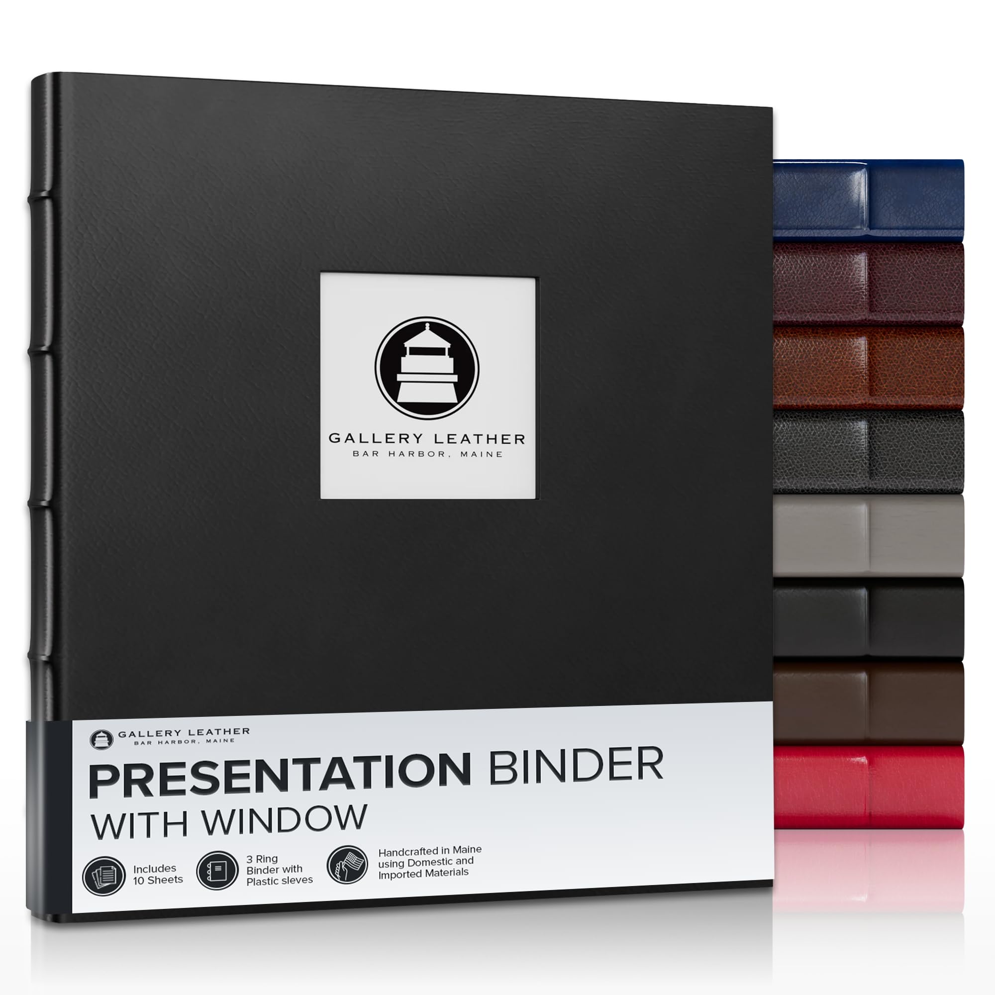 Gallery Leather 3 Ring Binder with Plastic Sleeves, Includes 10 Sheets, Sheet Size: 8.5" x 11" - Presentation Binder Rings with Window and Hubbed