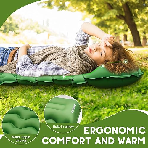 Miniatura 2 de KASIMO Colchoneta de dormir para camping, ultraligera con almohada con bomba de pie incorporada, almohadillas inflables compactas para acampar,