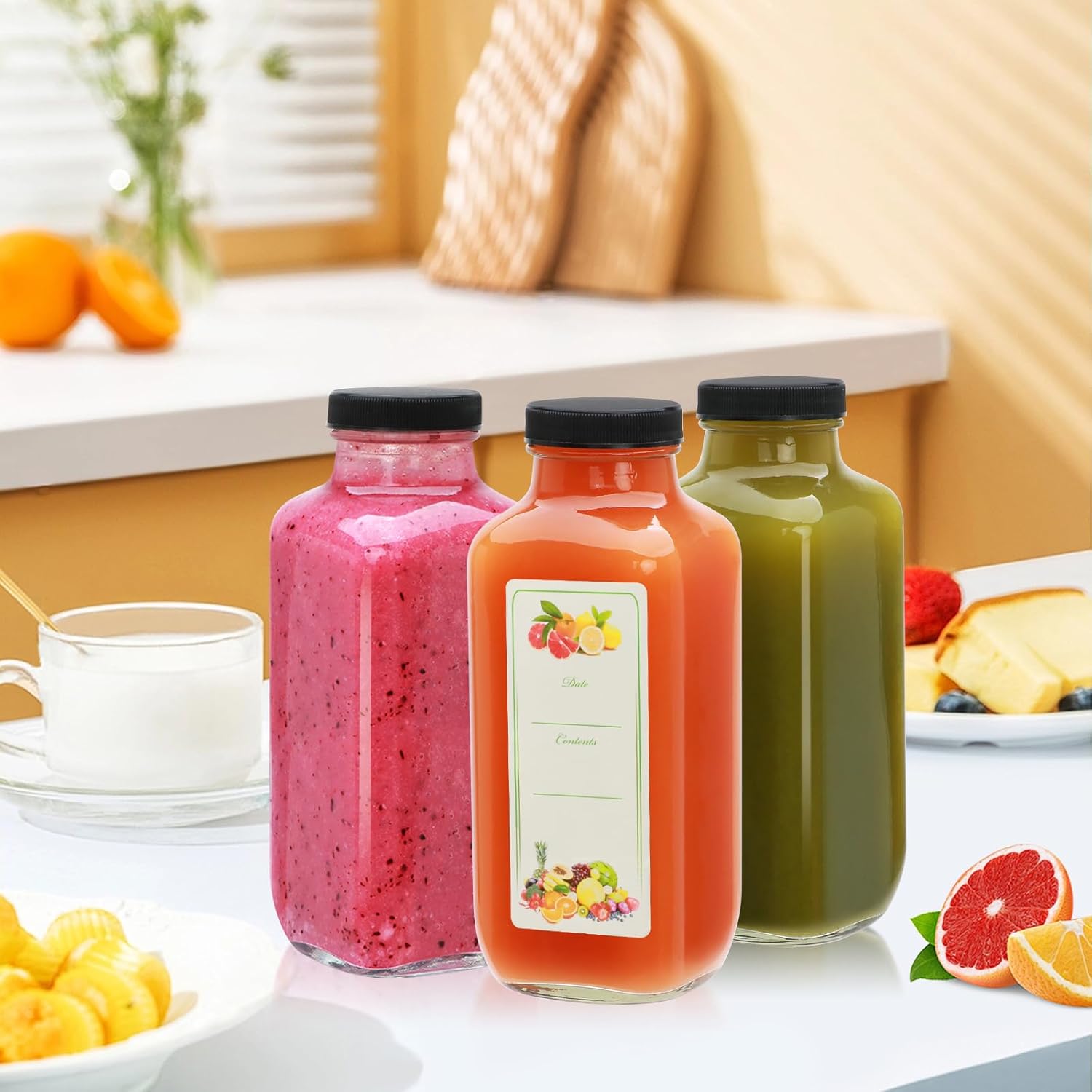 16oz Glass Juice Bottles with Lids,Clear Water Bottles,Glass bottles with lids,Reusable Drinking Jars with Silicone Funnel for Milk,Juicing,Juice（12pack）